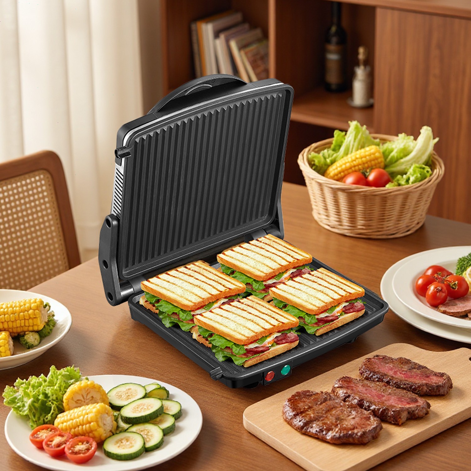 4 Slice Panini Press, Non-Stick Plates, 11″x9.8″, 180° Adjustable, Drip Tray