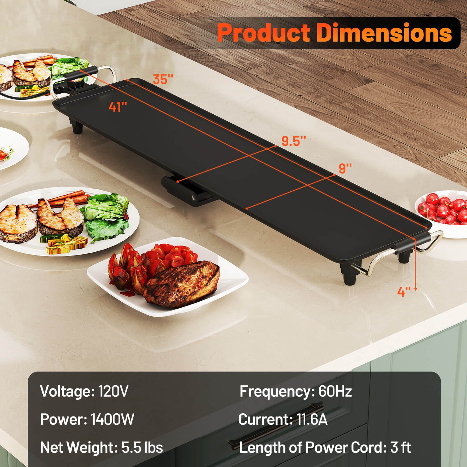 27″ Large Electric Griddle w/ Adjustable Temperature Thermostats and Drip Tray