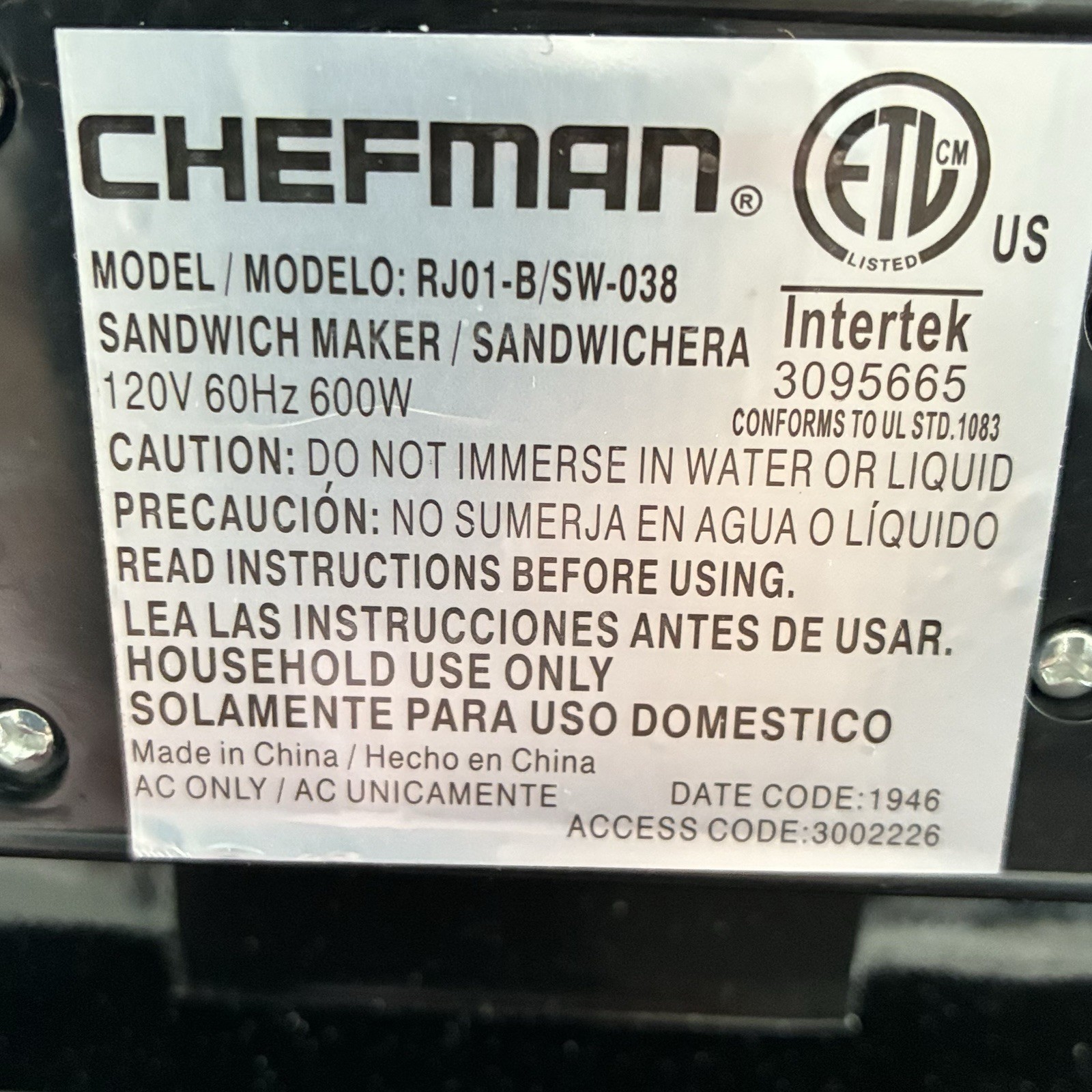 Chef Man Non Stick Sandwich Maker