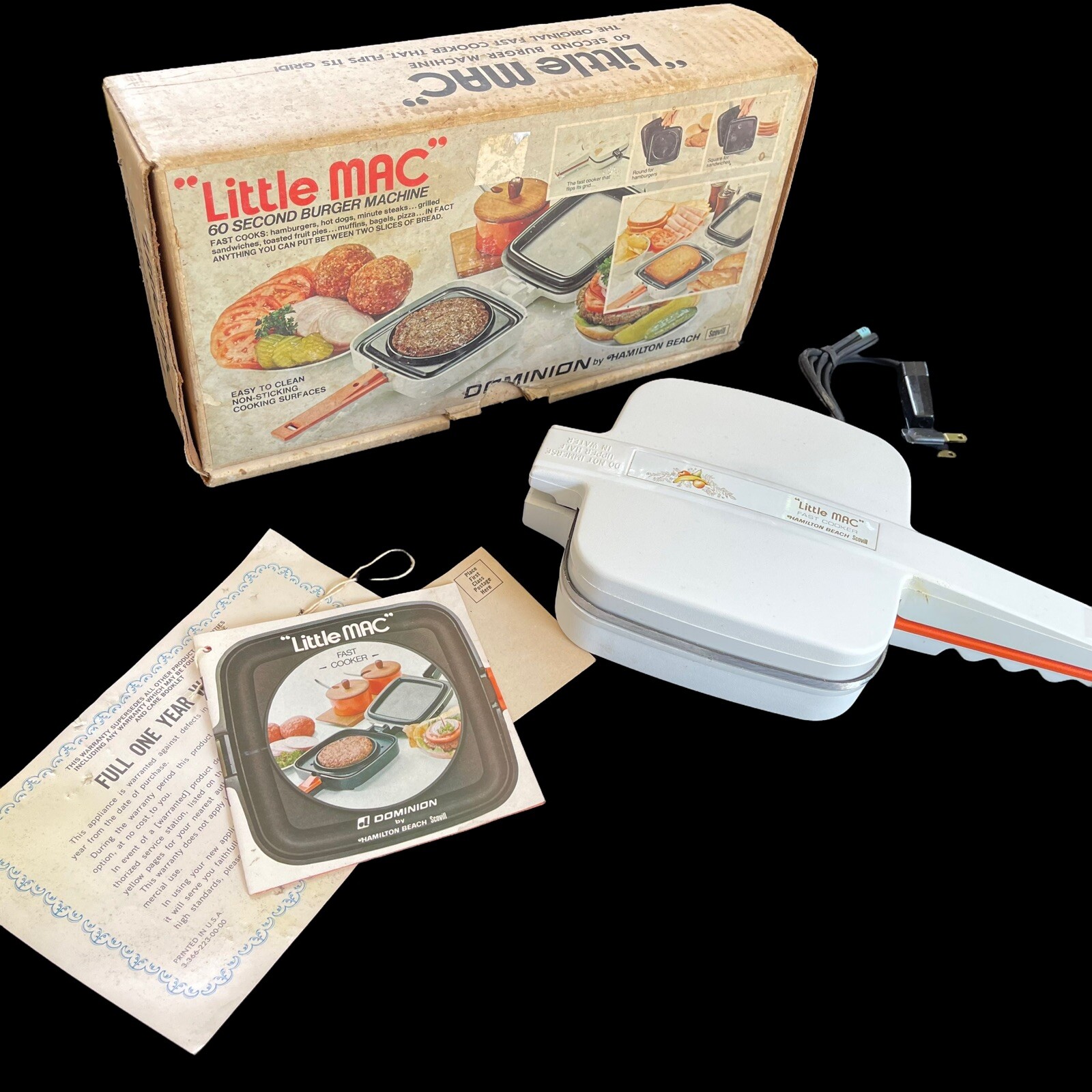 VIntage NIB Hamilton Beach “LITTLE MAC” 60 Second Burger Machine WHITE