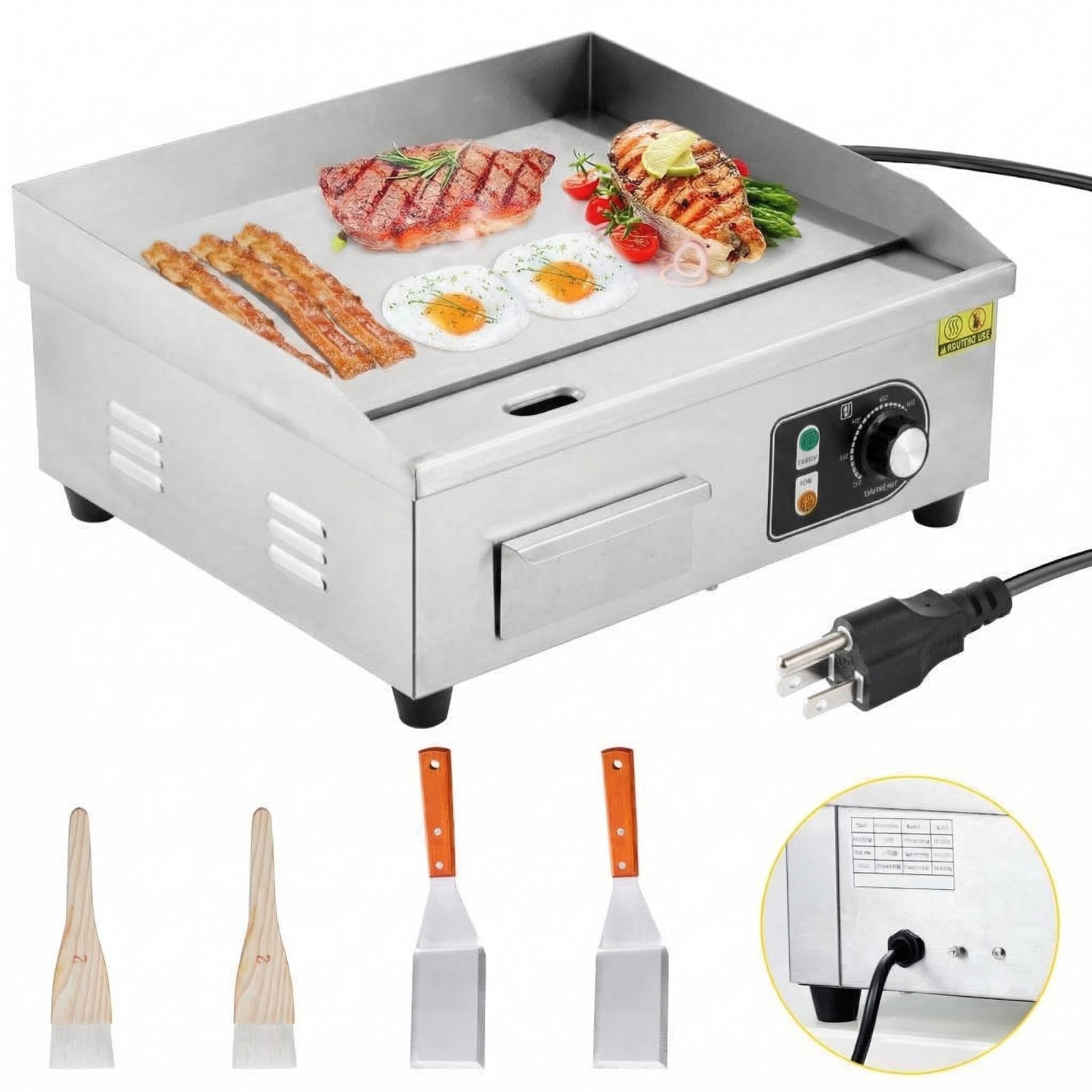 1500W 18″ Stainless Steel Electric Griddle, Adjustable Thermostat, Indoor/Outdoo