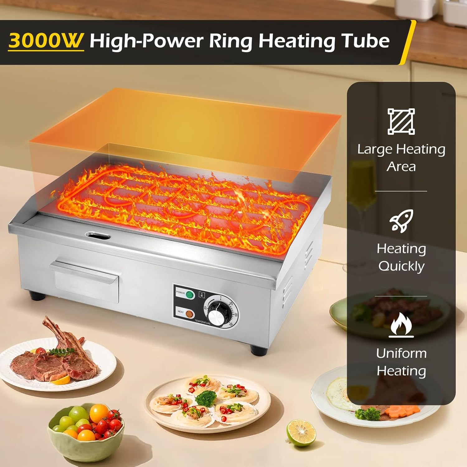 Commercial Electric Griddle 22” Flat Top Grill Countertop 3000W Stainless Steel