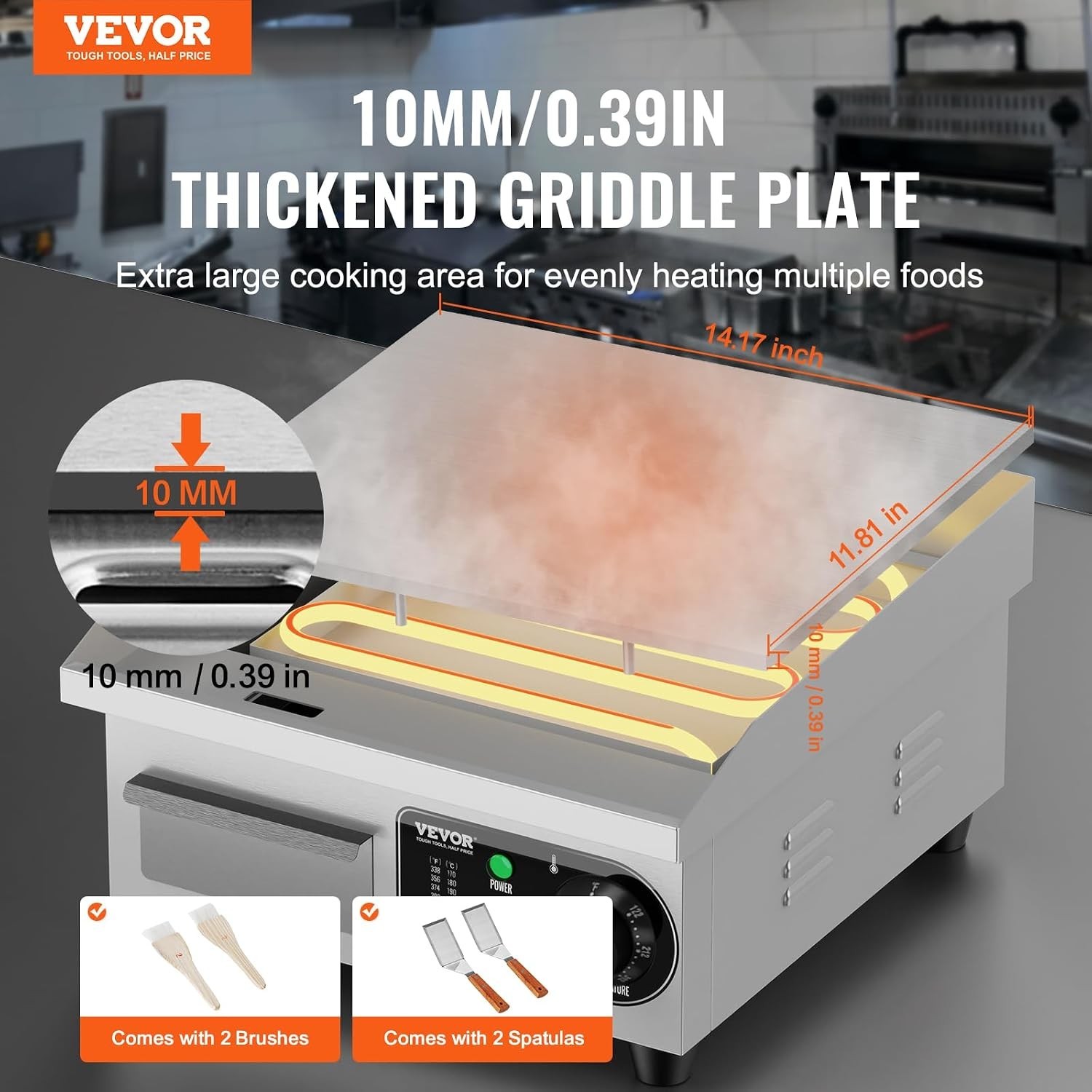 Compact 14″ Countertop Flat Top Griddle with 122-572°F Temp Control for Chefs