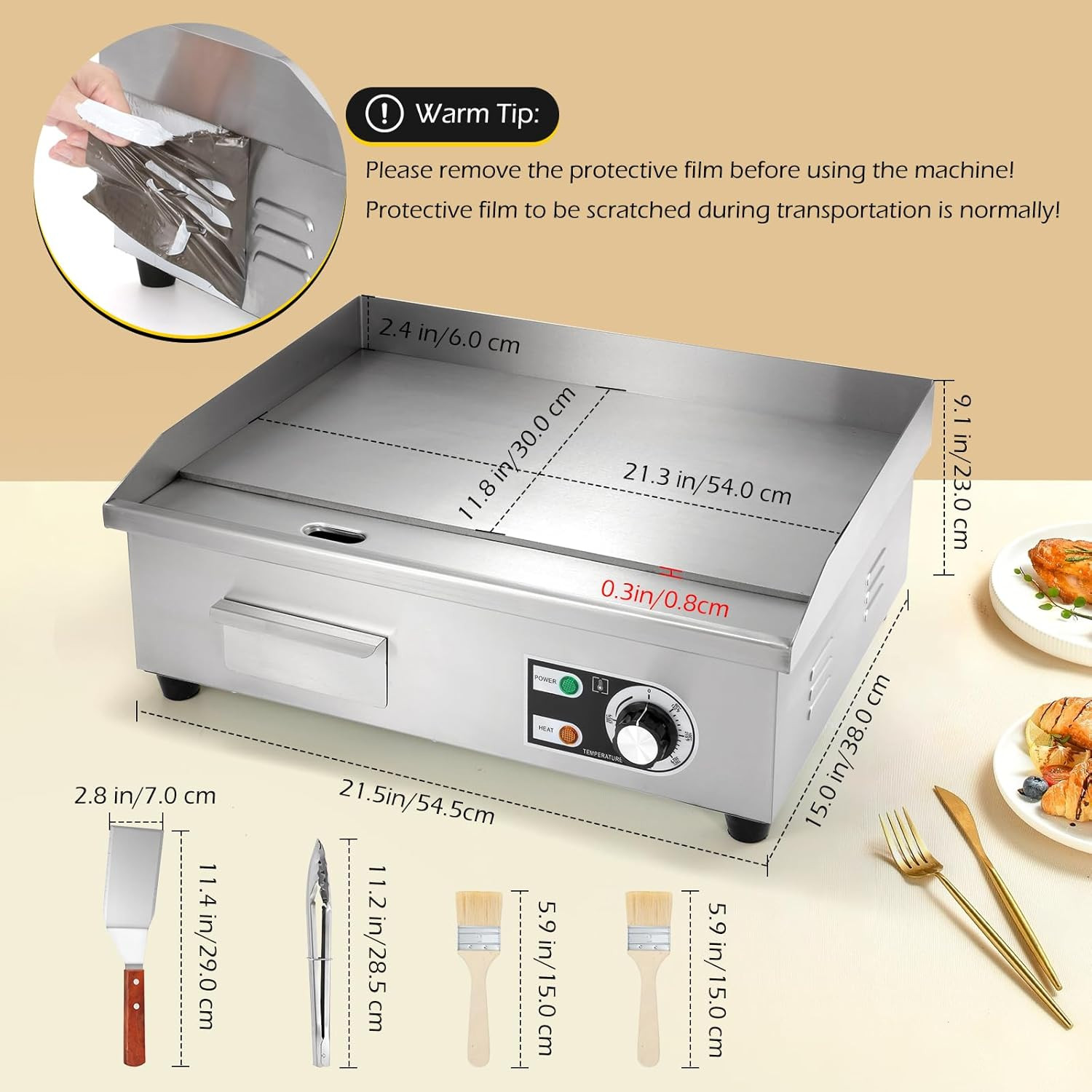 Commercial Electric Griddle 22” Flat Top Grill Countertop 3000W Stainless Steel
