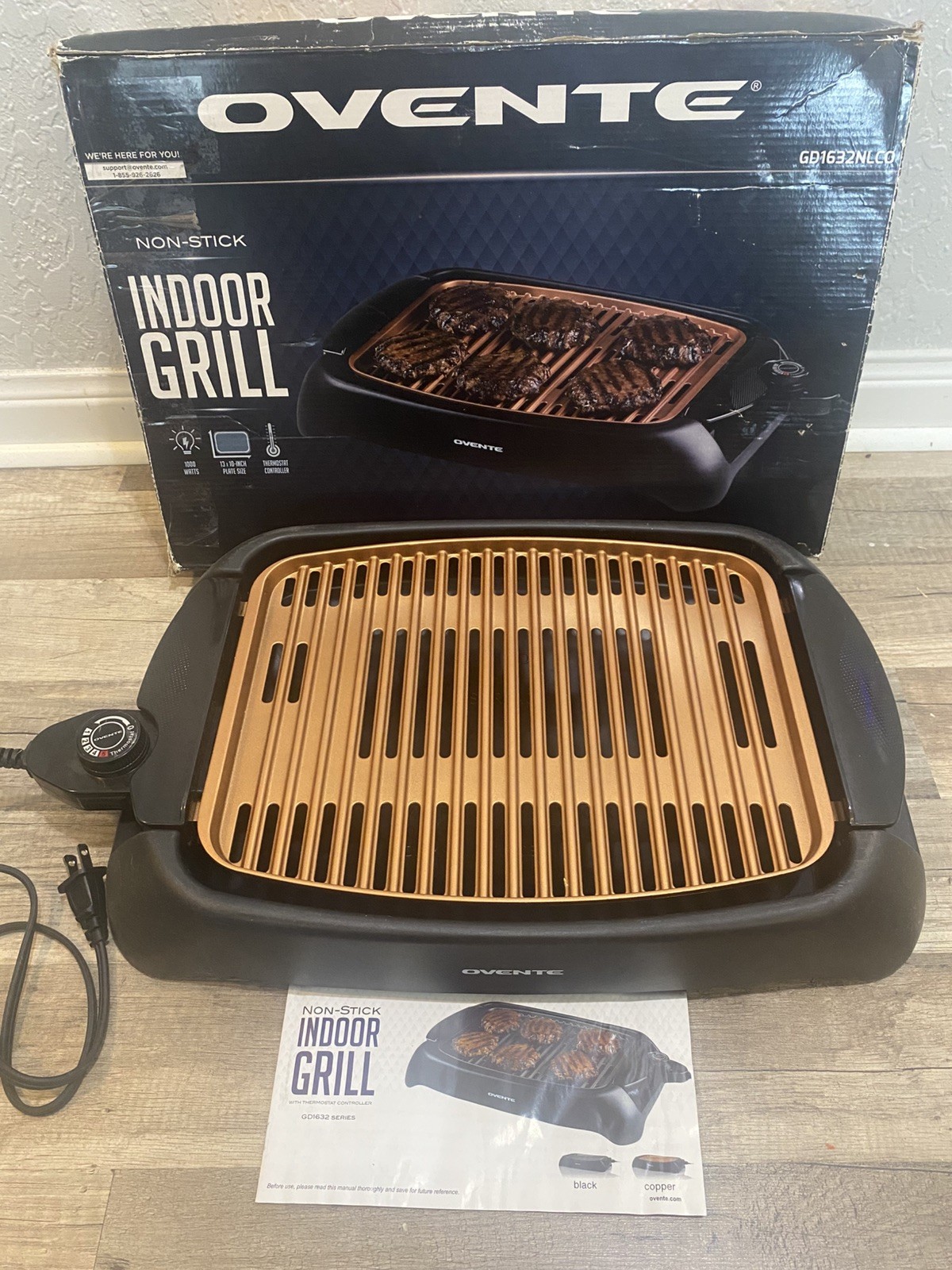 Ovente Electric Grill 13×10 Inch Nonstick Cooking Plate Copper-New Open Box