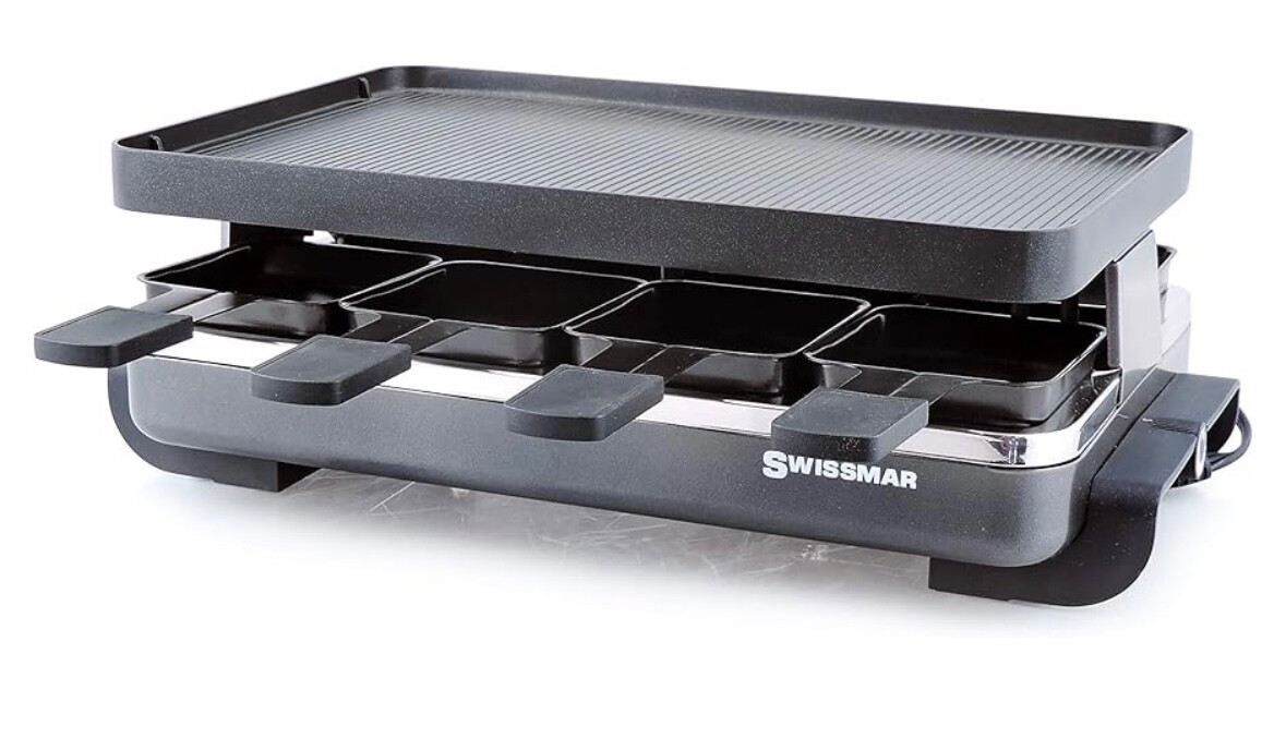Swissmar 8-person raclette party grill with reversible cast aluminum.