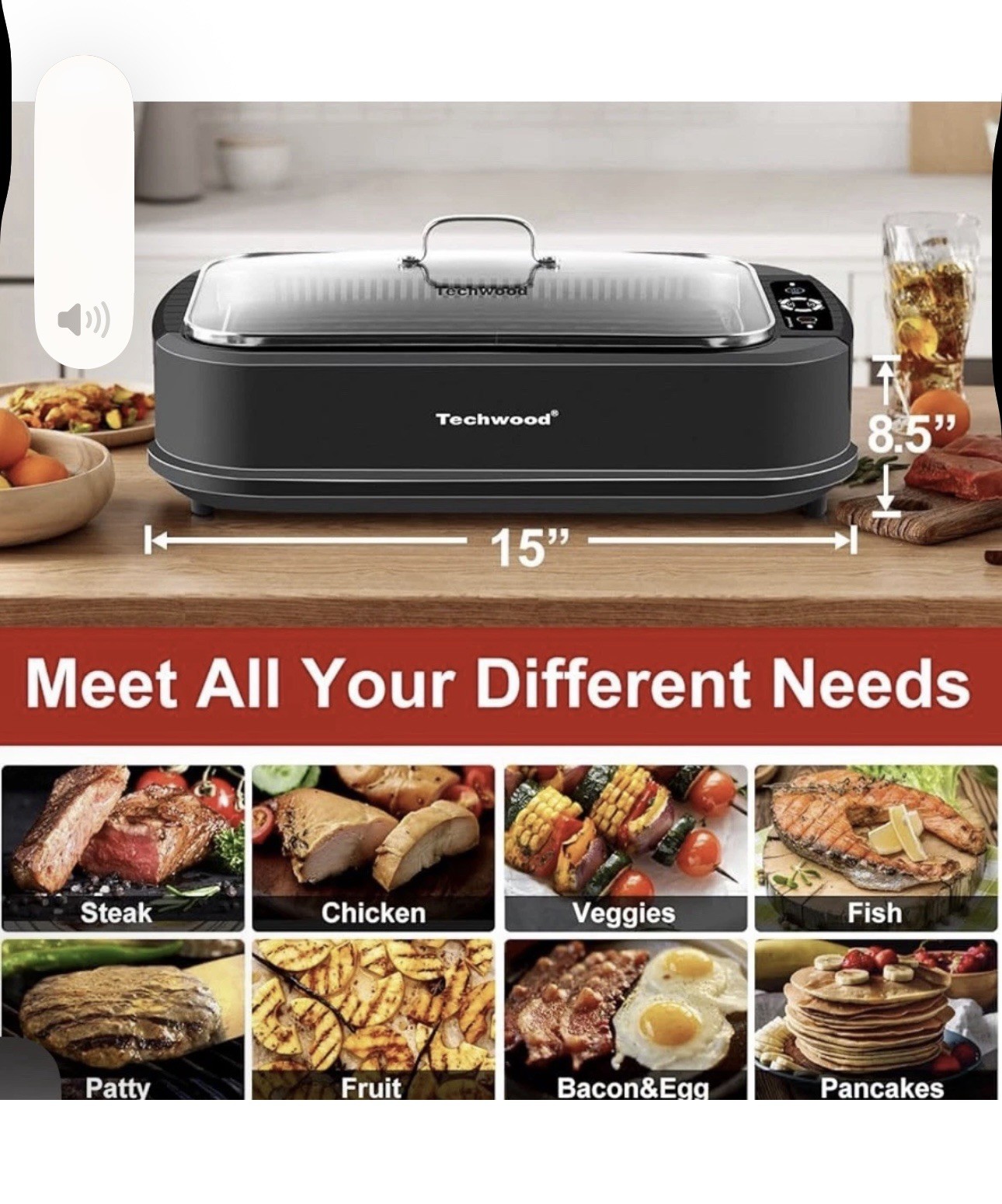 Techwood Smokeless Indoor Electric Grill w/ Nonstick Plate 1500W Temp cont NEW
