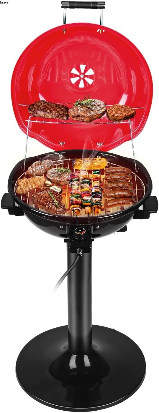 Electric BBQ Grill Techwood 15-Serving Indoor/Outdoor Electric Grill, Stand Red