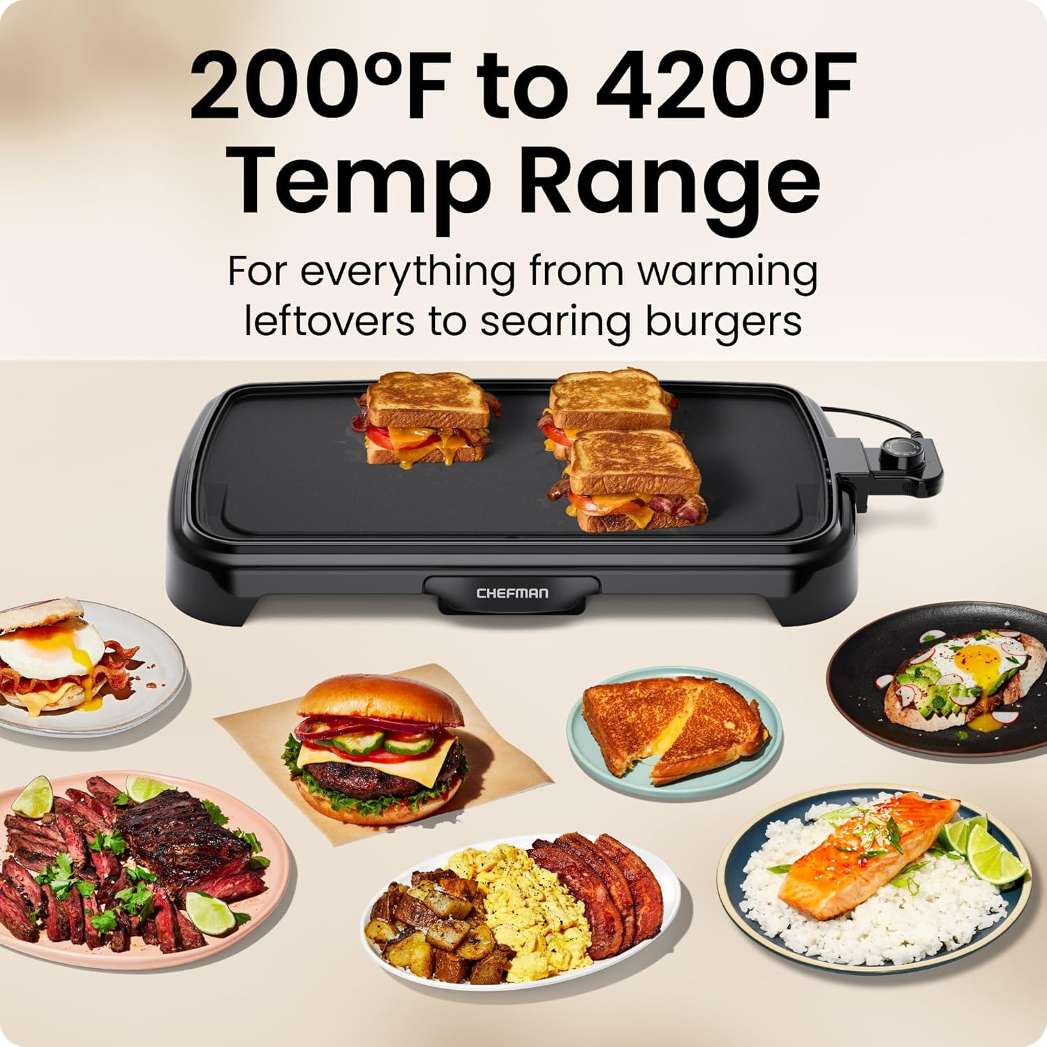 Chefman XL Electric Griddle Removable Temperature Control, Flat Top Grill