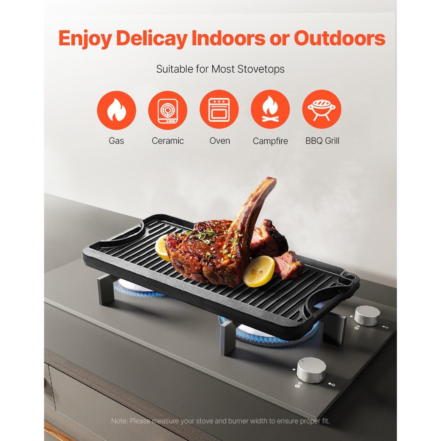 Uimoso 20x10in Dual-Sided Cast Iron BBQ Griddle with Pre-Seasoned Surface
