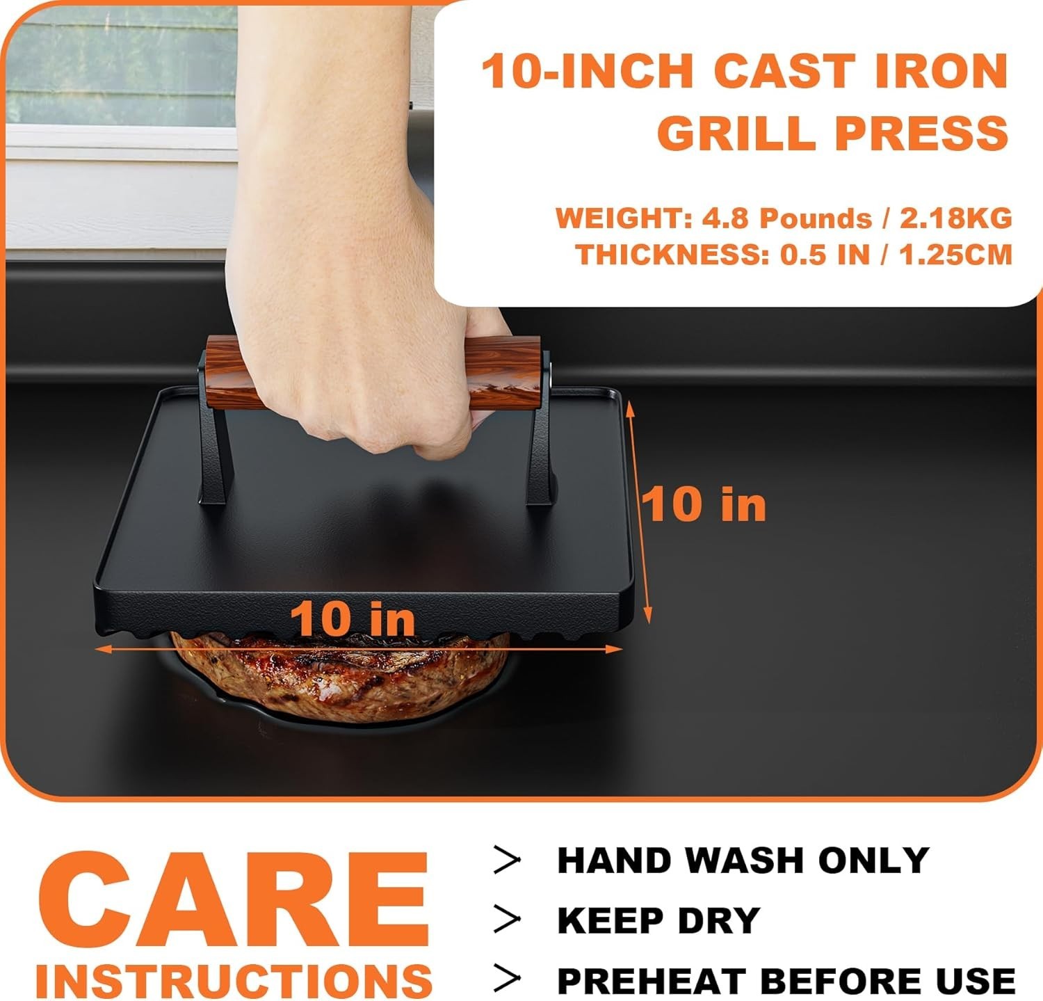 Grill Press Set 10 in Square Cast Iron Large for Griddle BBQ