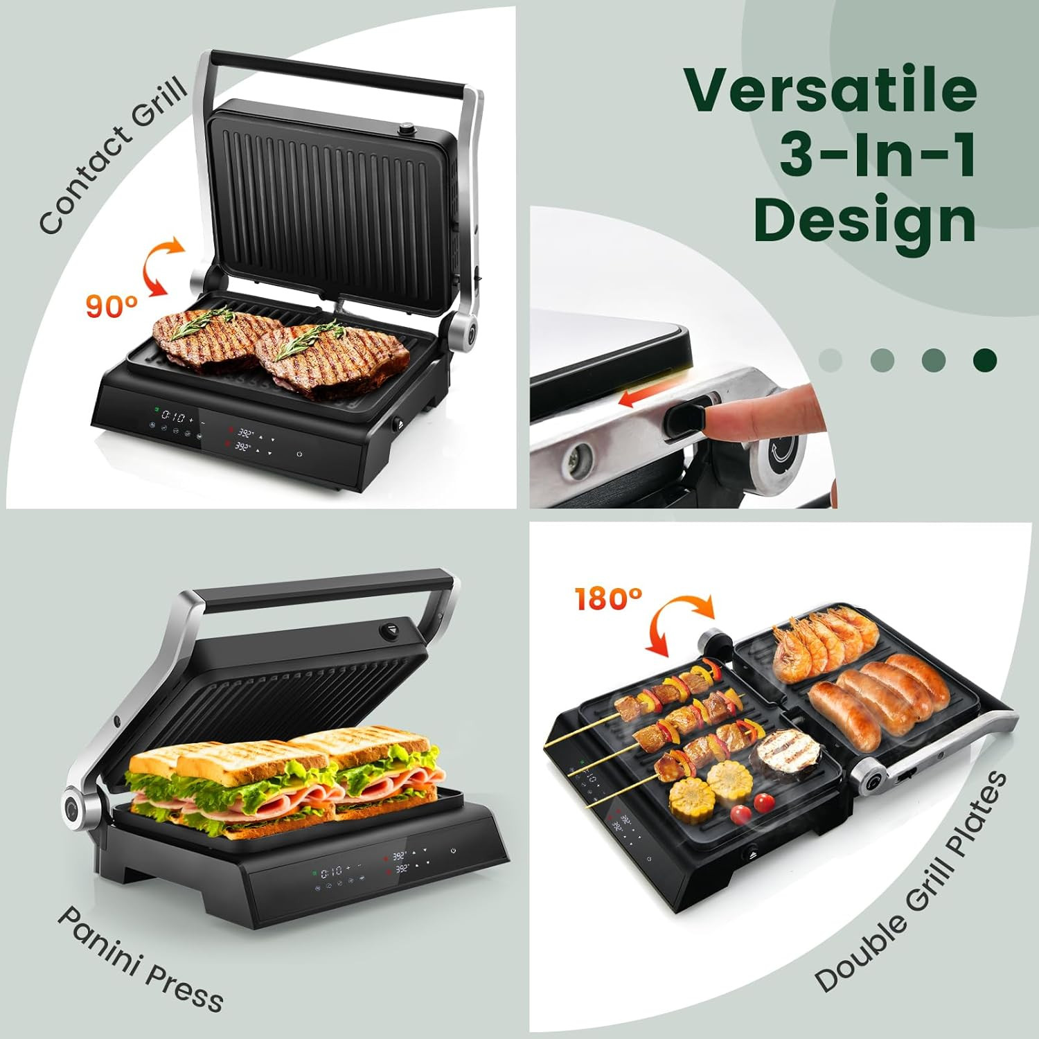 3-in-1 Panini Press & Grill, 1200W, Non-Stick, Adjustable Temp Control