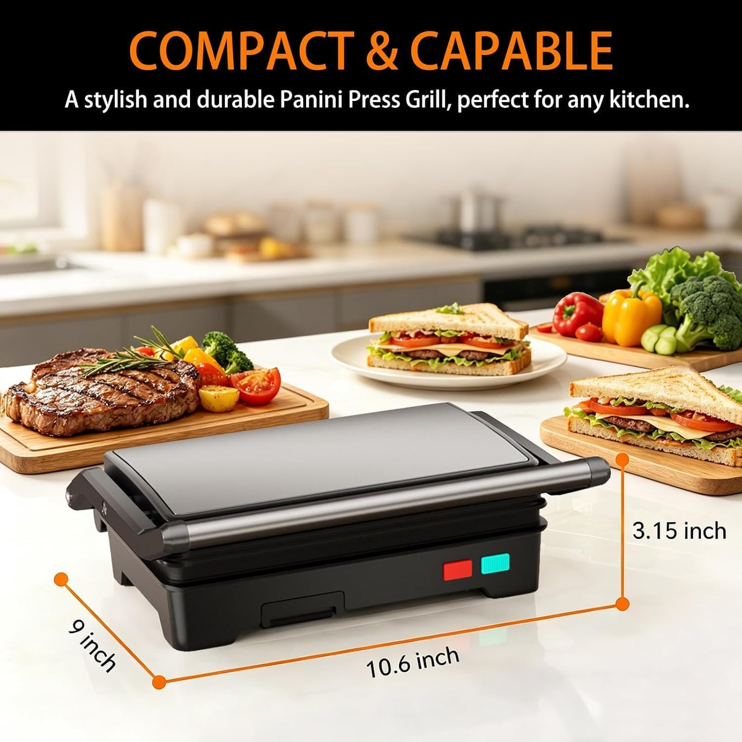 Panini Press Grill, Sandwich Maker with Non-Stick Coated Plates & Removable Drip