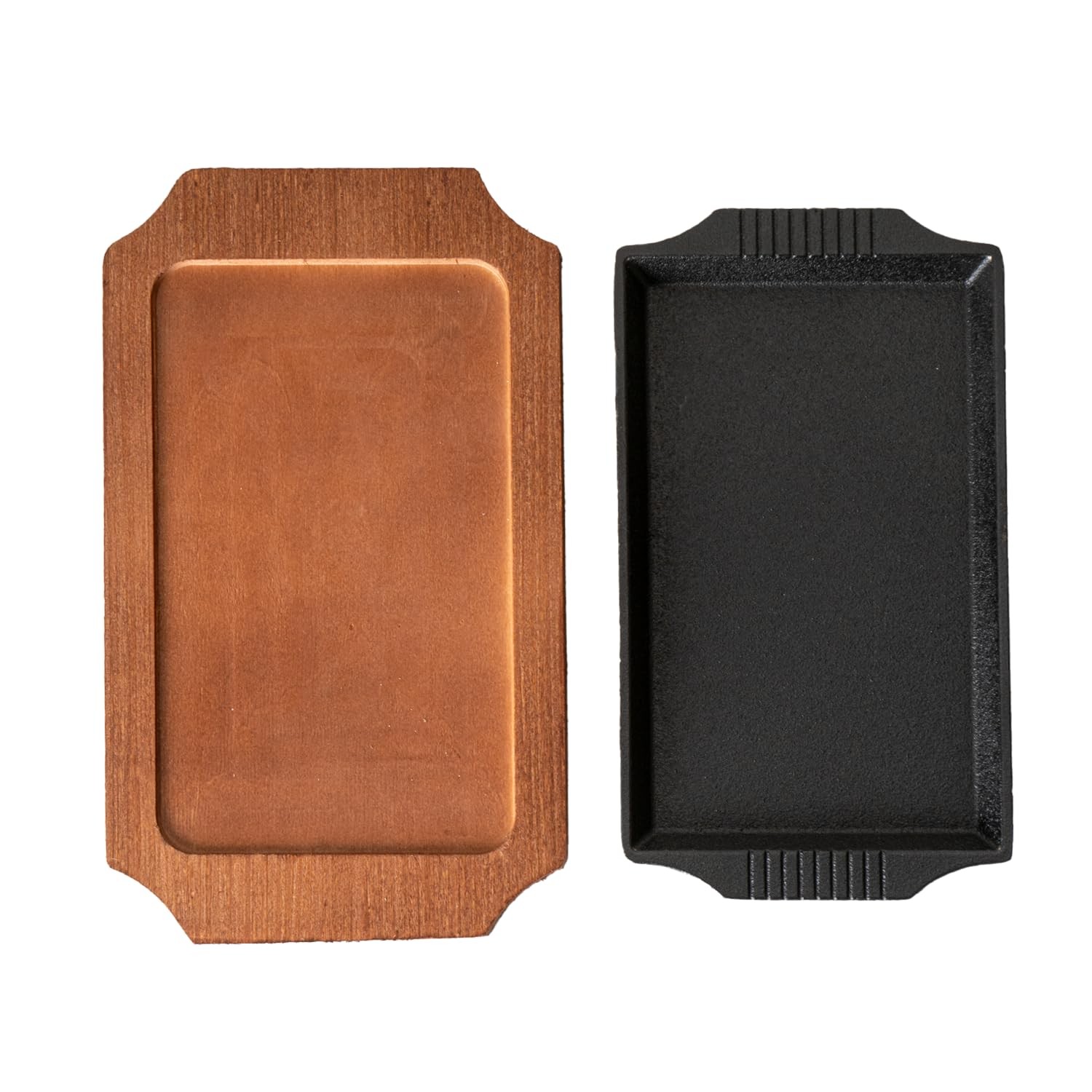 Cast Iron Steak Plate Sizzle Griddle Wooden Base Rectangular Pan 10 Inch