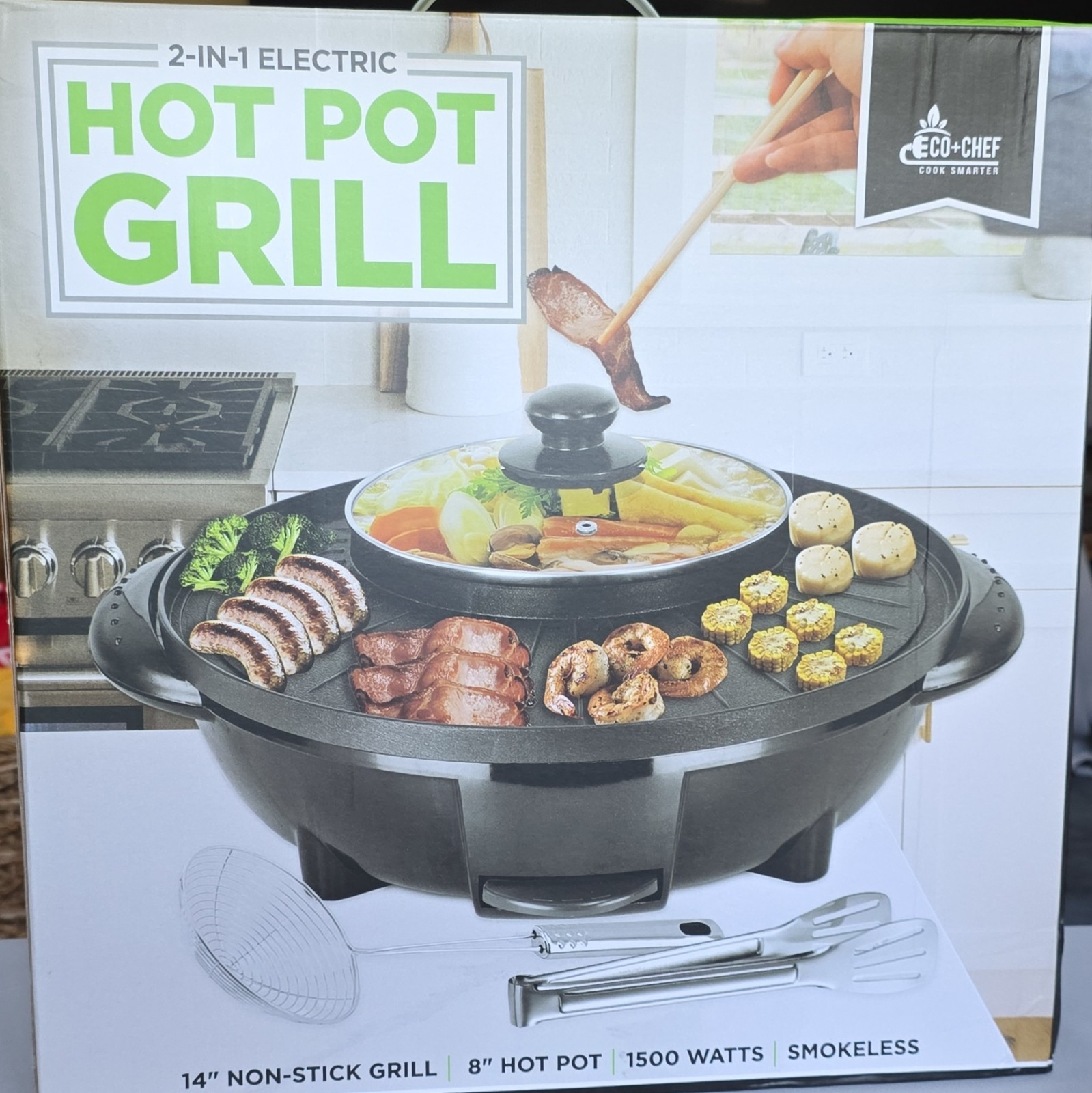 ECO+CHEF 2-in-1 Electric Hot Pot Grill 14in 1500W Smokeless Non-Stick
