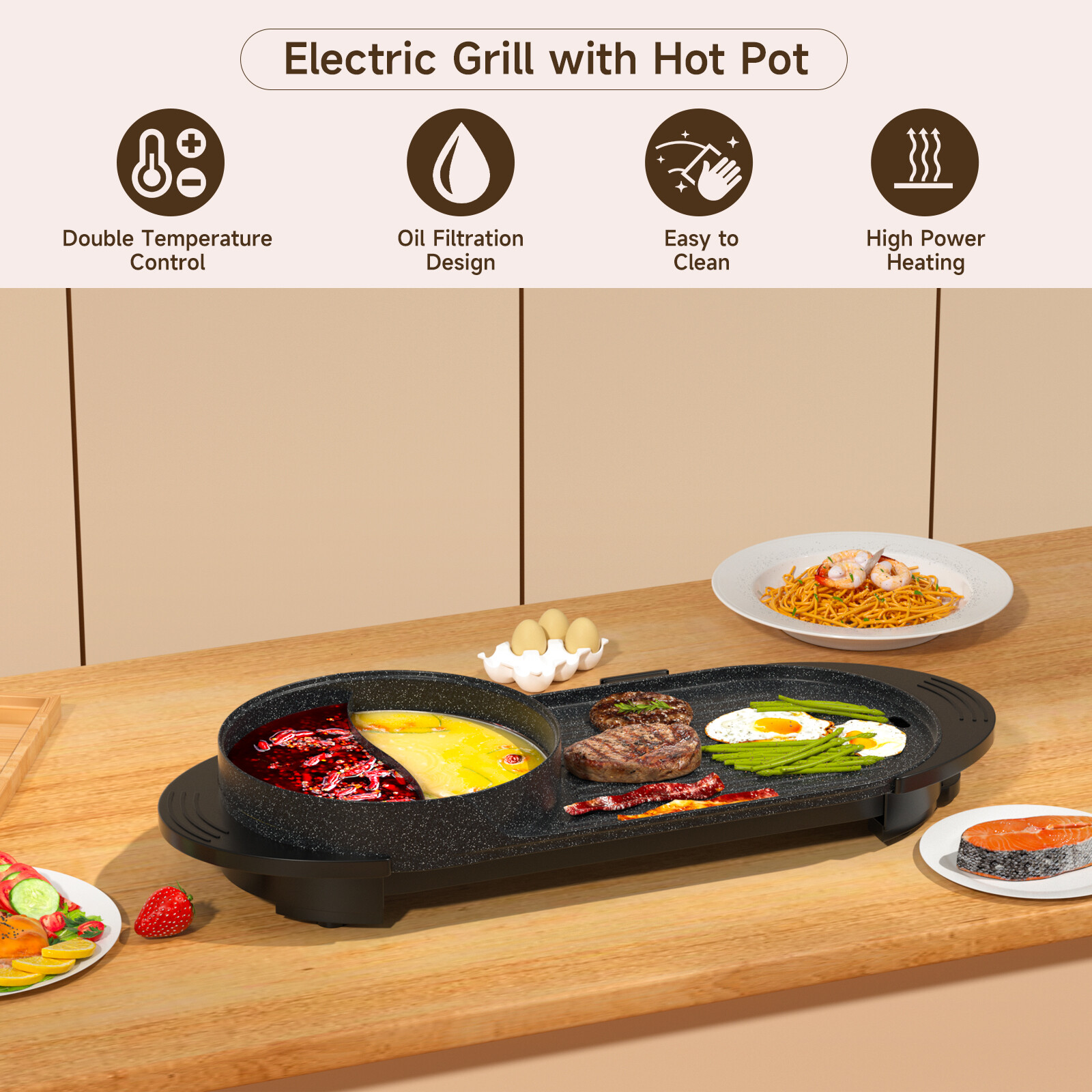 2 in 1 Portable Electric Hot Pot Barbecue Grill Non-Stick Teppanyaki Pan EP