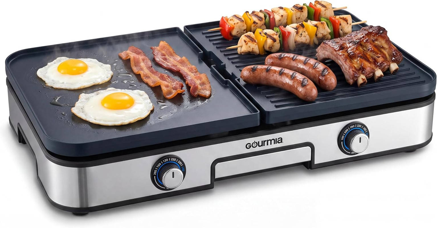 3-In-1 Indoor Grill & Griddle Electric Combo – Dual Independent Cooking Zones, R