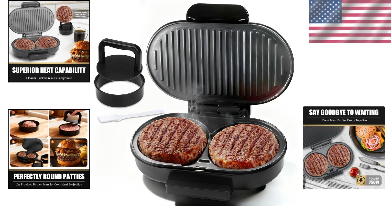 All-in-One Double Mini Grill Maker: Includes Patty Press, Oil Tray & Recipe Book