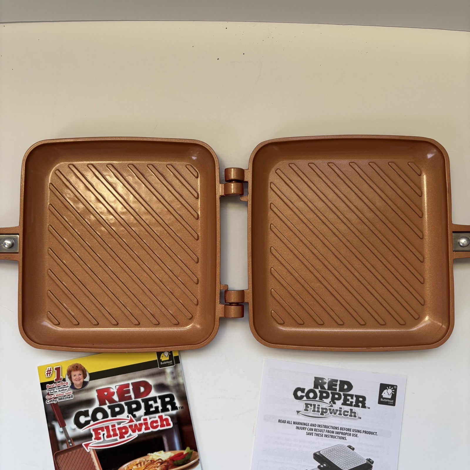 Red Copper Flipwich Non-Stick Stovetop Panini & Sandwich Maker New Open Box
