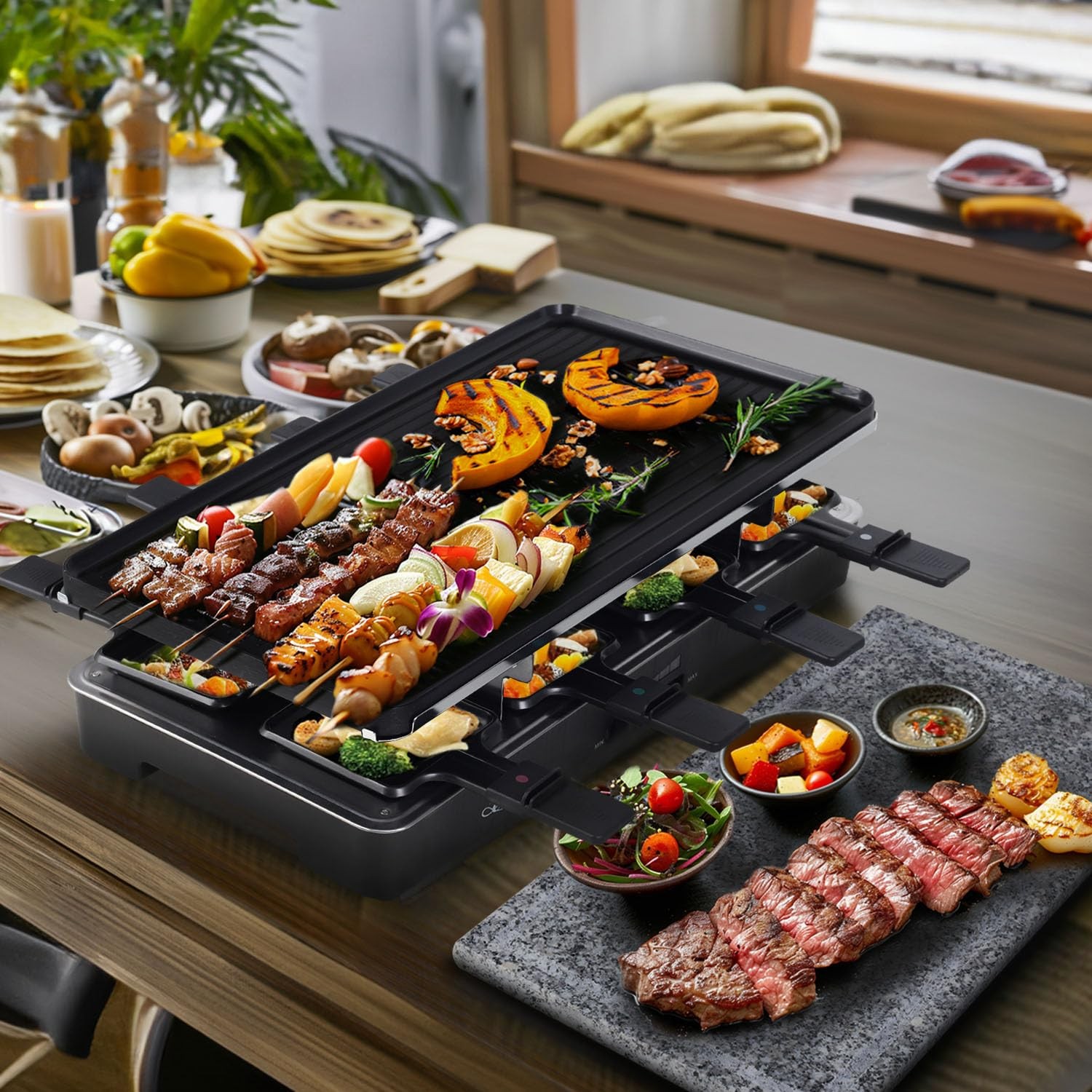2-in-1 1700W Adjustable Temperature Raclette Grill with Granite Stone & Non-S…
