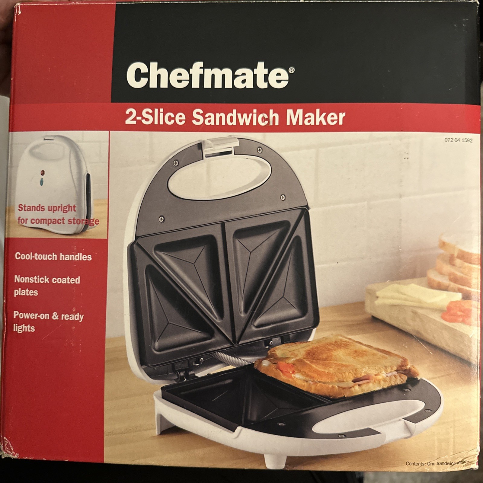 NEW Chefmate 2 Slice Sandwich Maker NIB – Stands Upright for Compact Storage