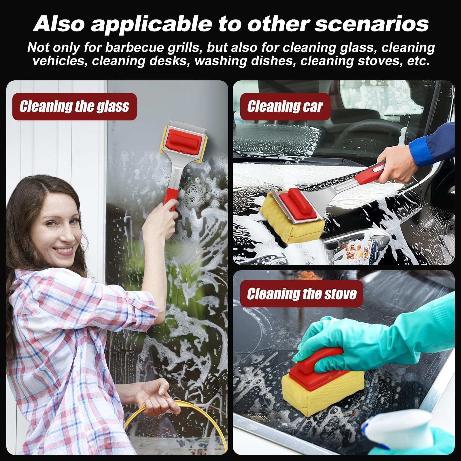 Grill Brush Bristle Free with 2 Cleaning Heads, Steam Red