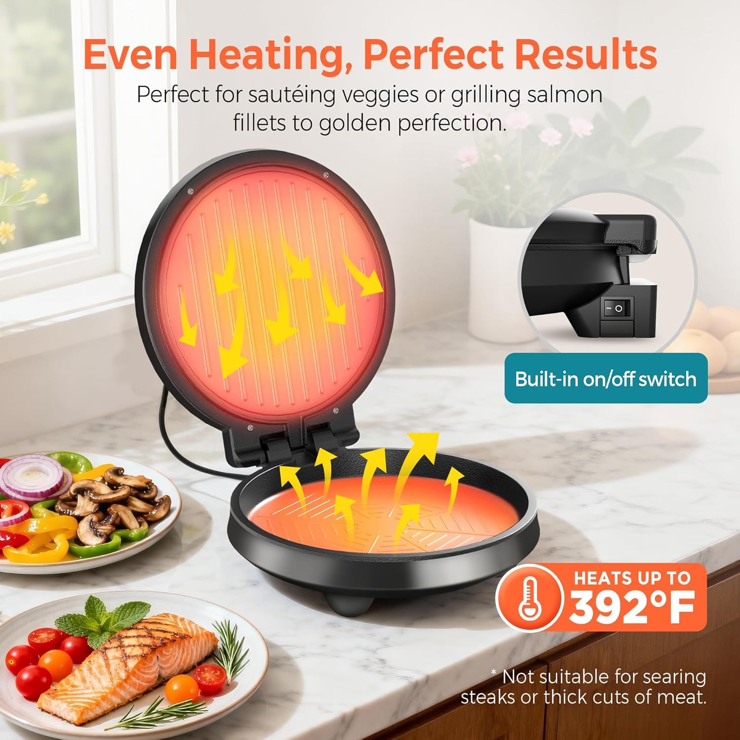 3-in-1 Electric Griddle & Panini Press 8″ Nonstick Round Griddle &Sandwich Press