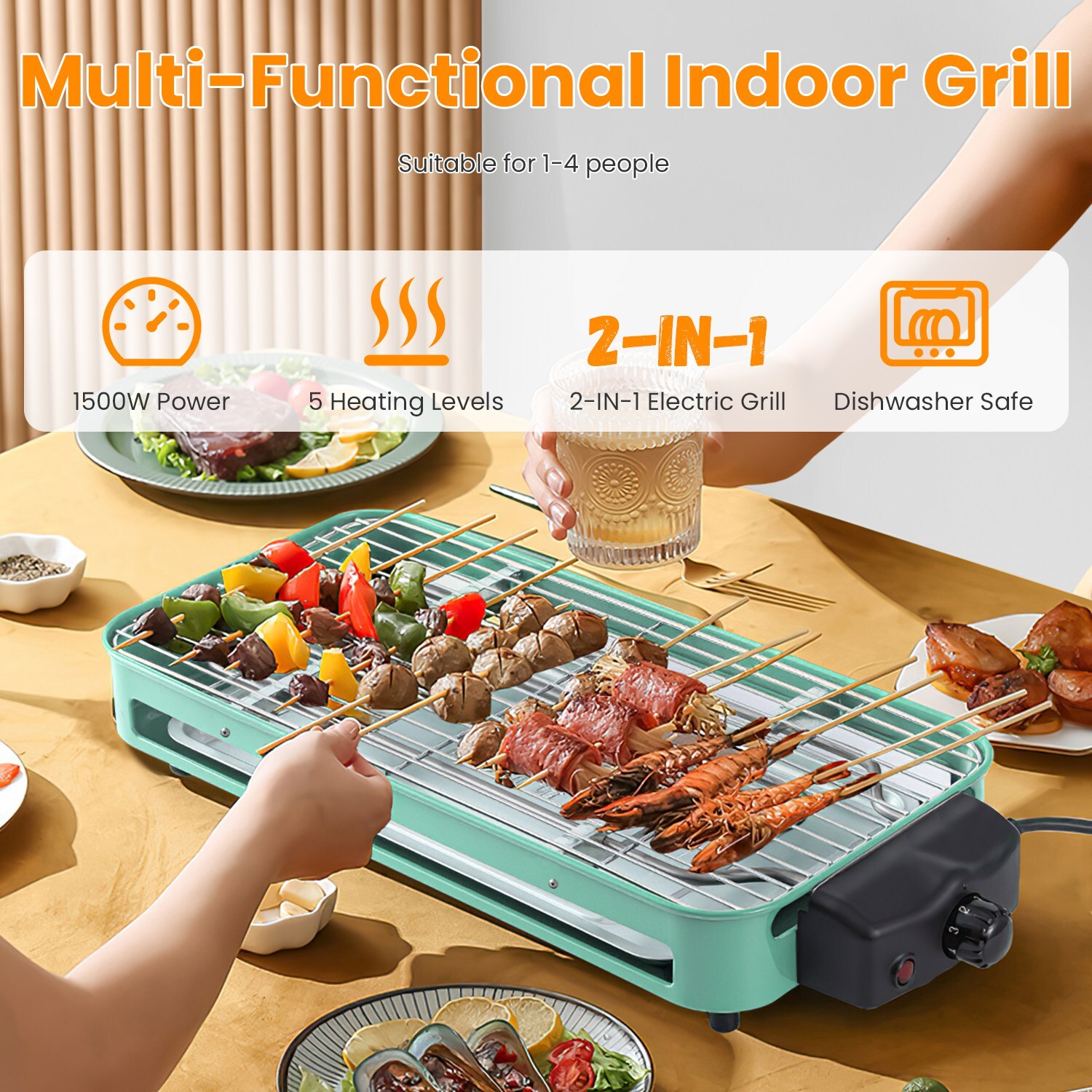 1500W Electric Grill Picnic Grill Net Removable Party Outdoor Plate Dishwasher