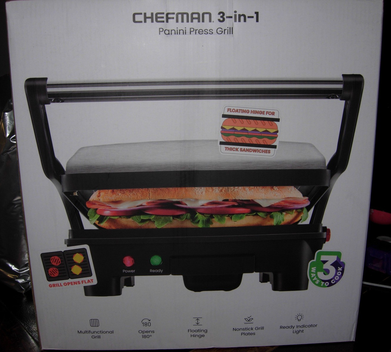 Chefman 3-In-1 Electric Panini Press & Grill Non-Stick Removable Drip Tray New