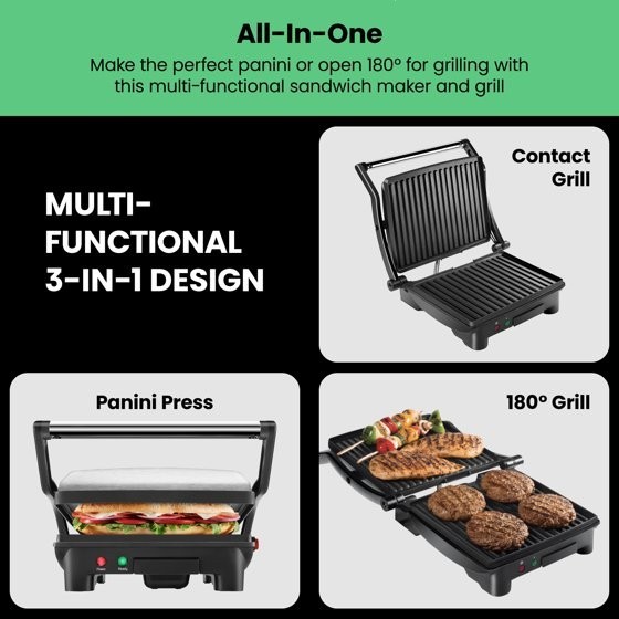 Chefman 3 in 1 Panini Press Grill 4 Slice Nonstick Stainless Steel 1400W