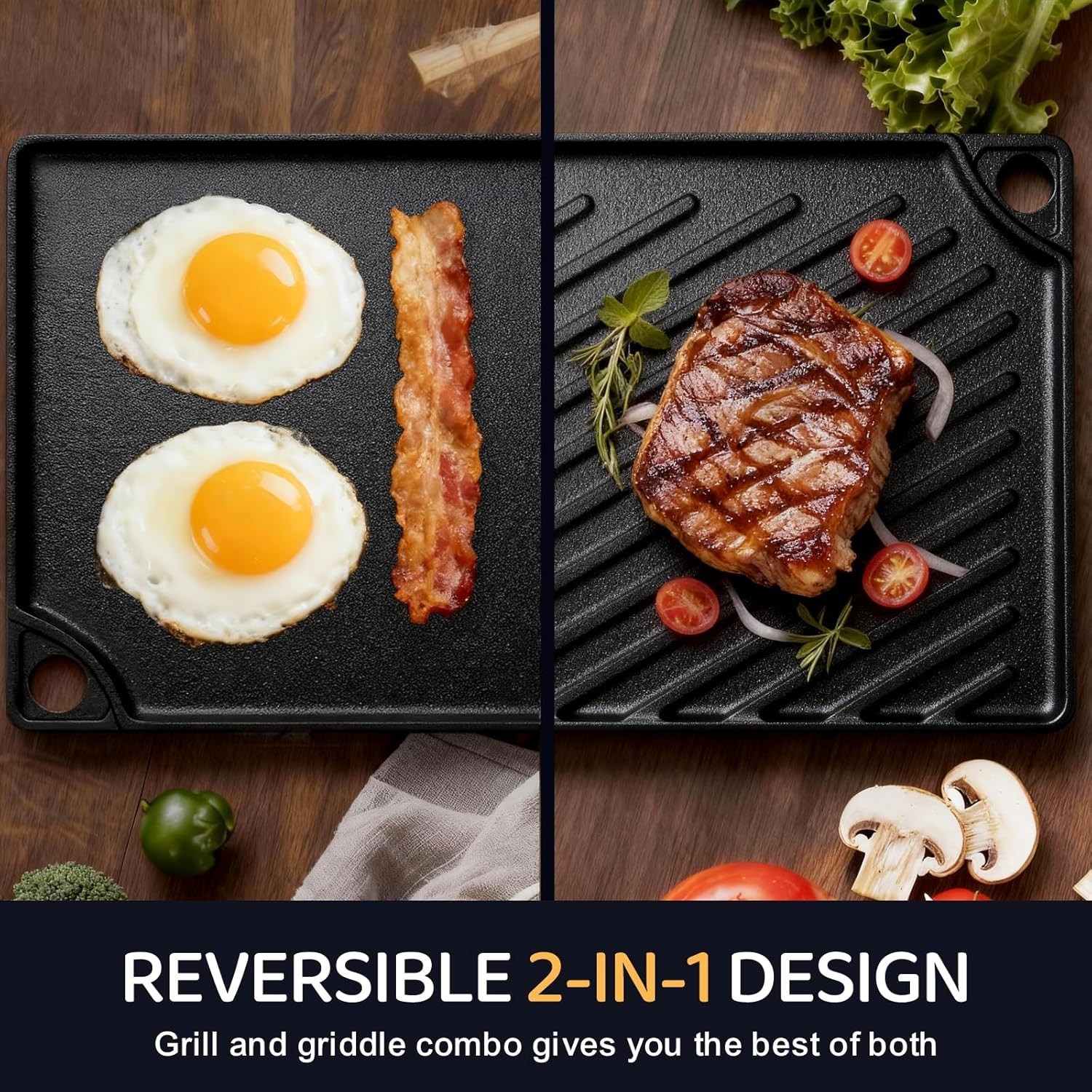Cast Iron Reversible Grill Griddle, Double Sided for Gas Grills and Stove Tops