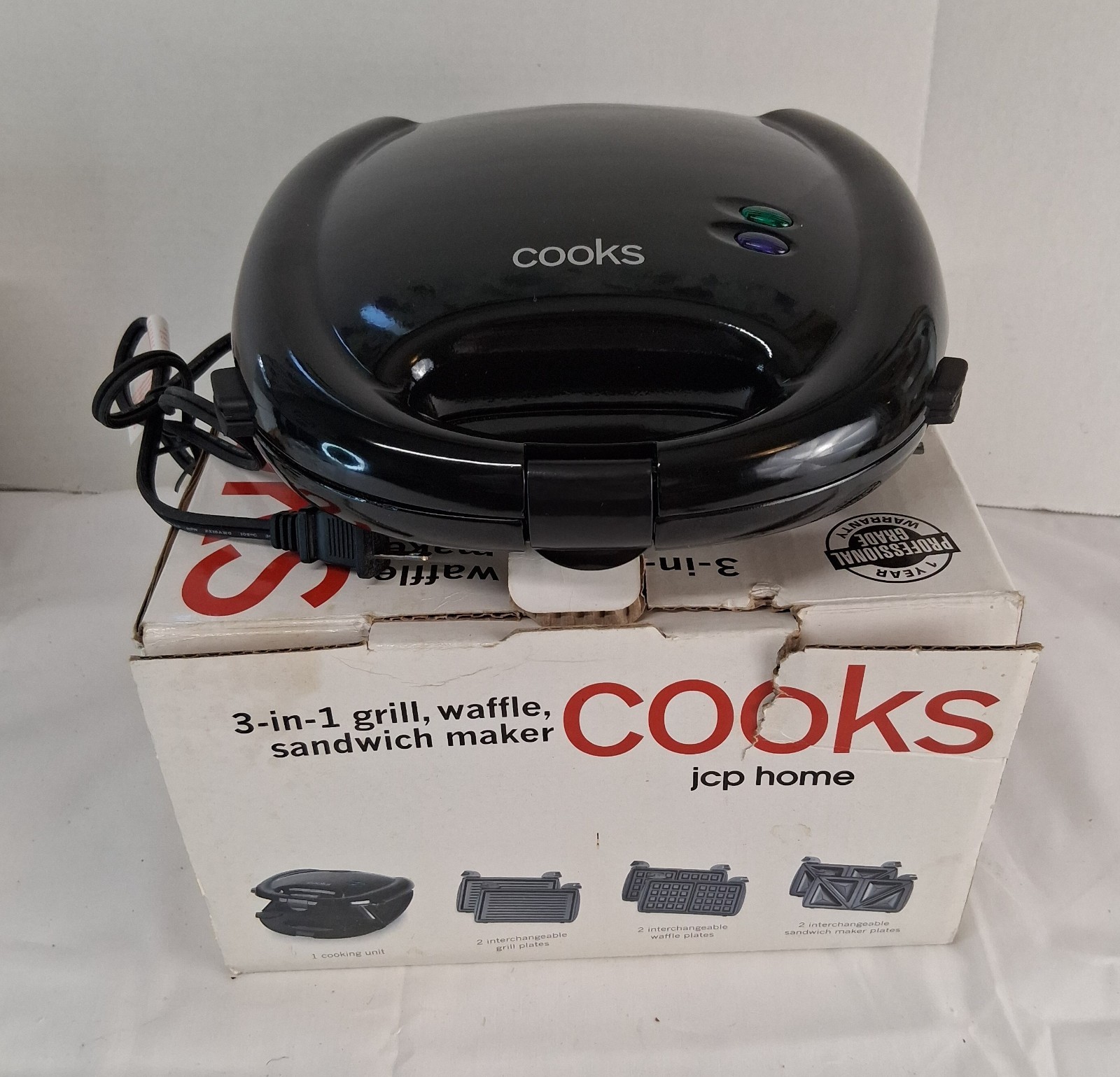 Sensio 3 in 1 Grill Waffle Sandwich Maker S-627 JCP Home Cooks NEW open box