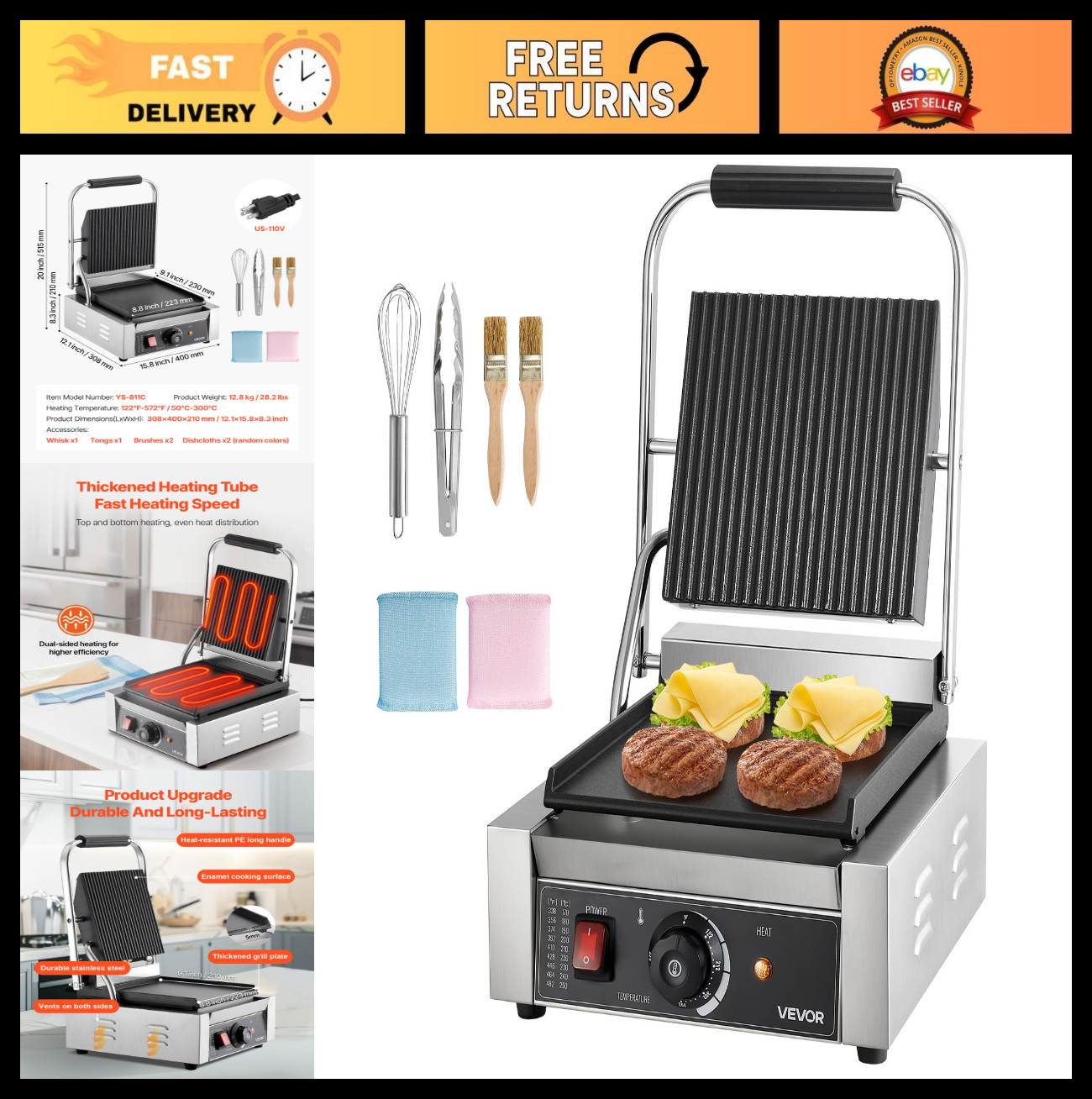 1800W Electric Panini Grill Sandwich Maker, Stainless Steel, Temp Control, 8.8×9