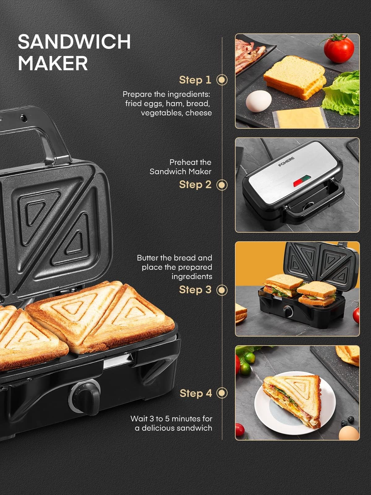 FOHERE Waffle Maker 3 in 1 with Removable Non-Stick Plates, 1200W | Sandwich …