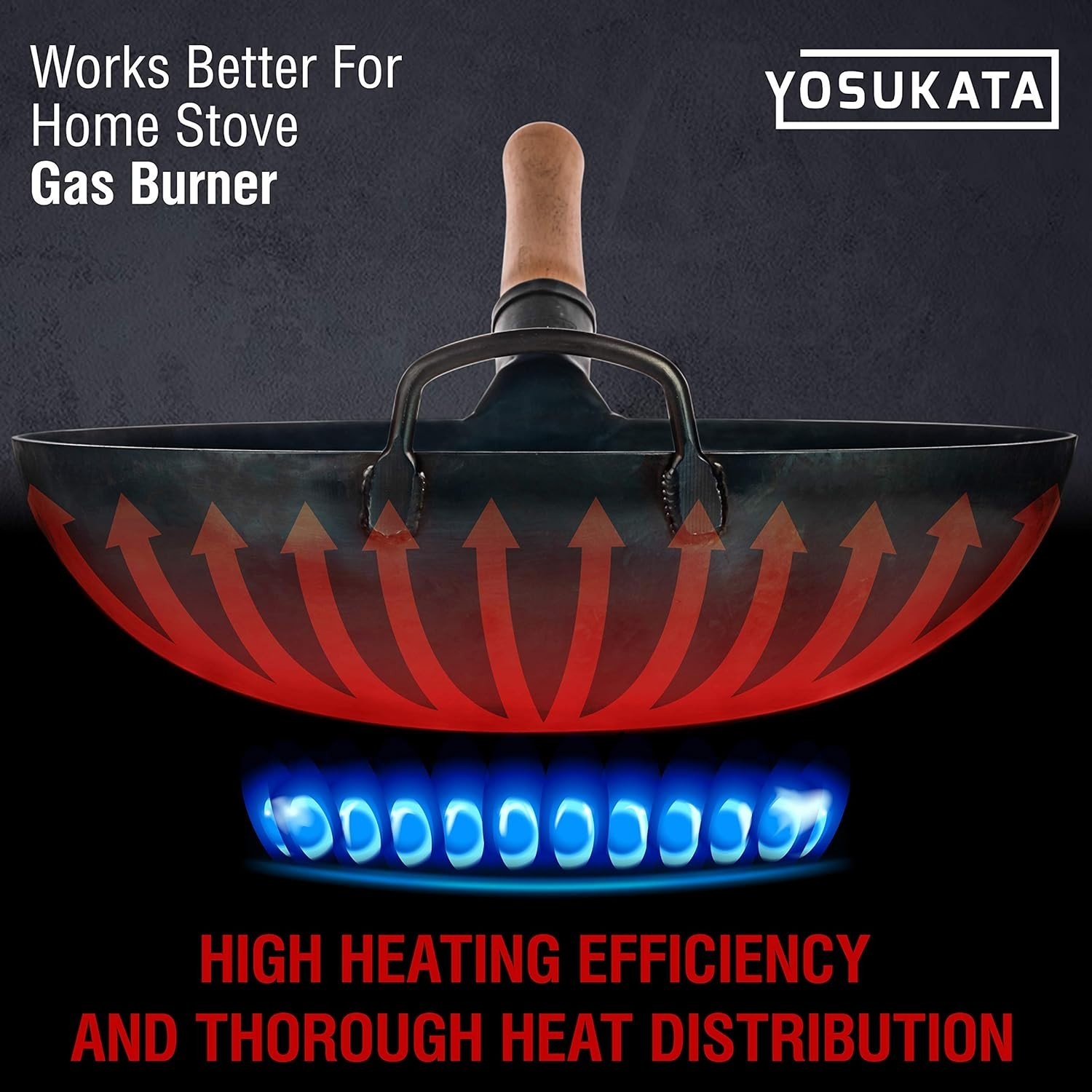 YOSUKATA 13.5 in Blue Carbon Steel Wok Pan, Pre-Seasoned Flat Bottom, Ergonomic