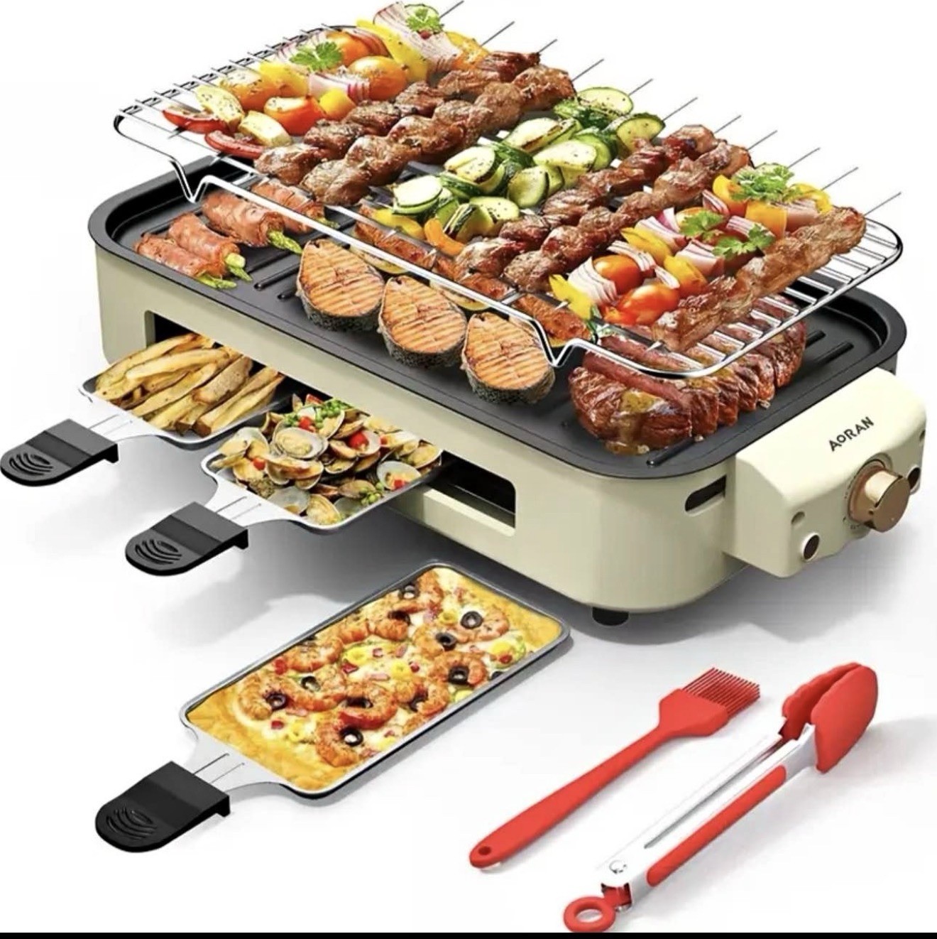 AORAN Electric Tabletop Grill Griddle 1500W Temp Control Rectangular Beige