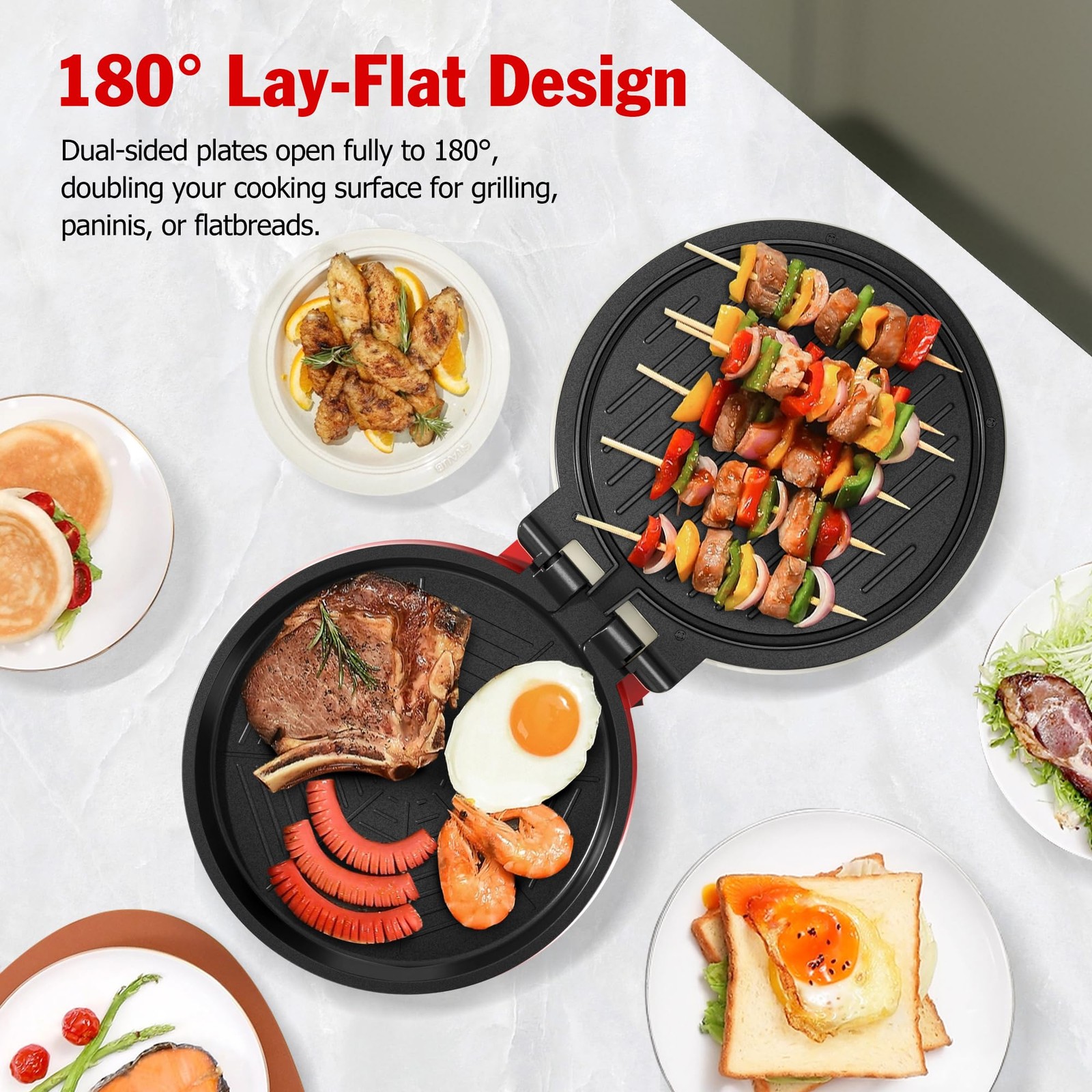 1000W Pizza Maker 2in1 Indoor Griddle Cooker 8.5 Inch 180 Open Nonstick