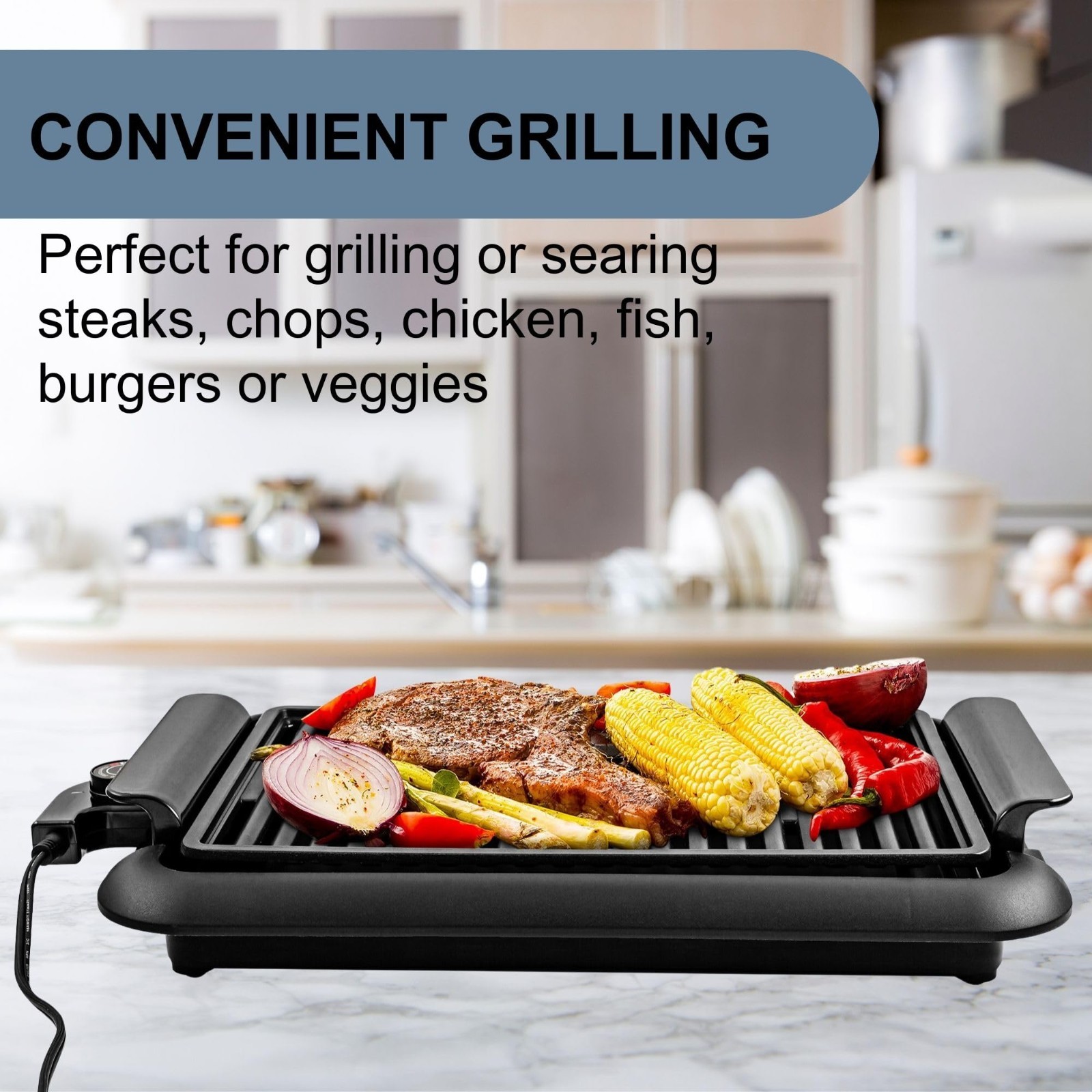 Indoor Electric Grill 15×10 Non-Stick Plate, 1200W Fast Heat, Adjustable Temp, D