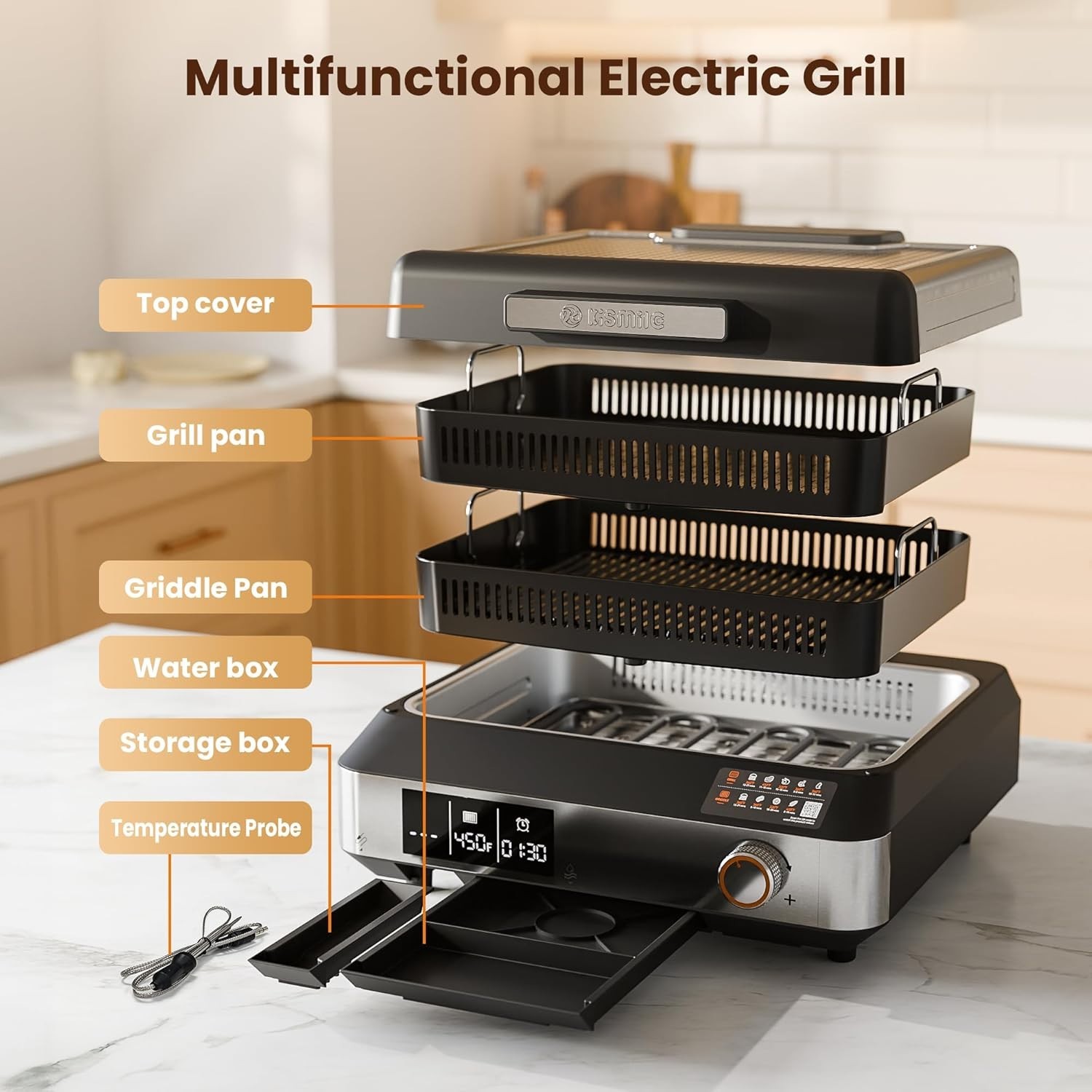 2-in-1 Indoor Grill Griddle Smokeless Electric Temp Probe Black – NIB