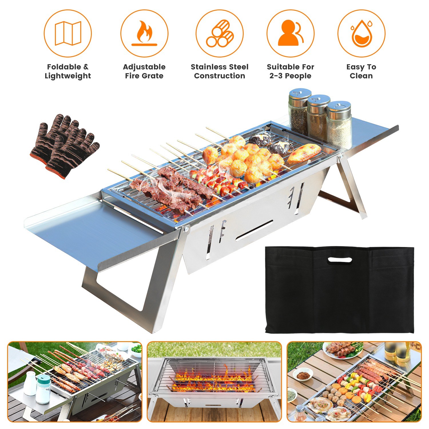 Folding BBQ Outdoor Camping Grill Portable Charcoal Grill Adjustable Fire Grate