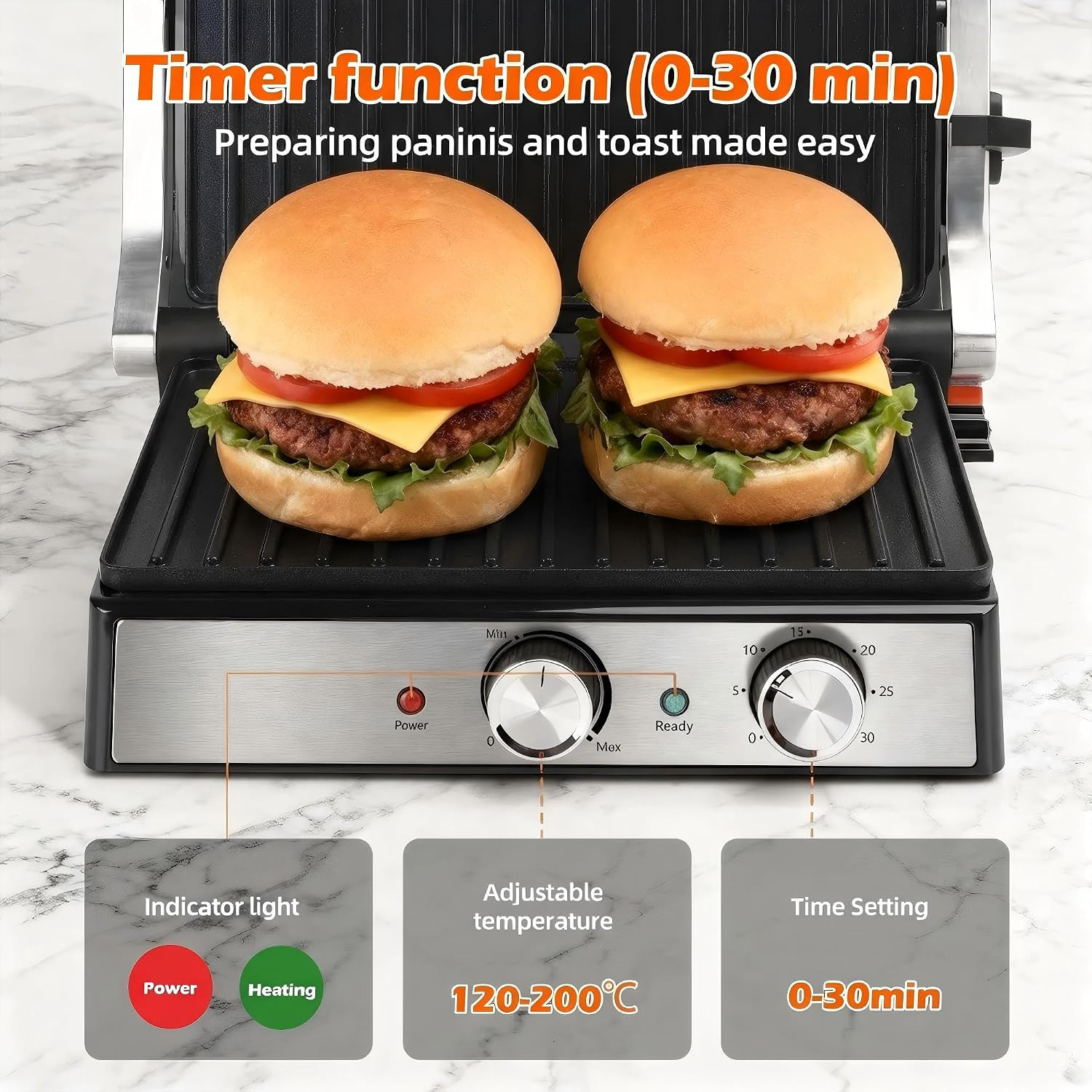 1700Watt Panini Press, Sandwich Maker with Temp & Time Setting, 4 Slice Large No