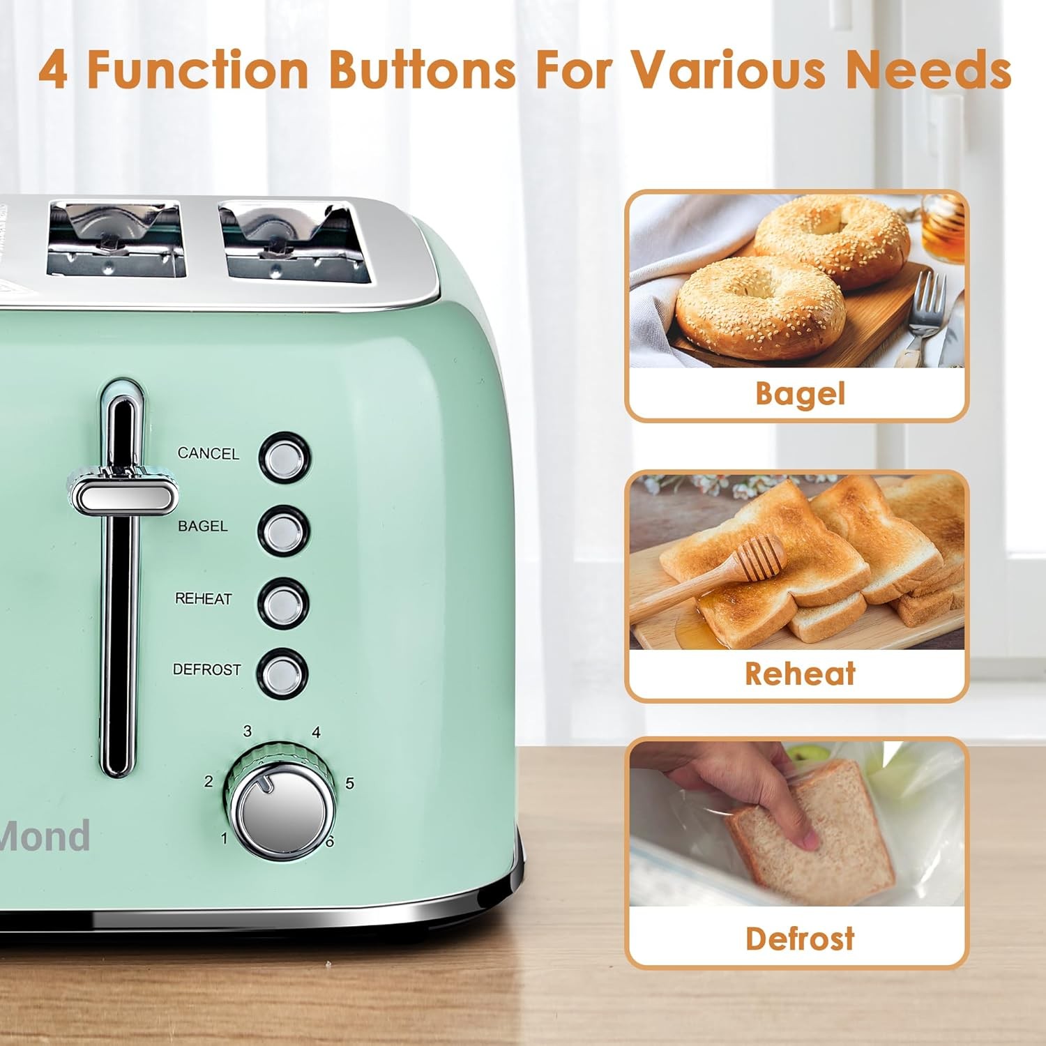Roter Mond Toaster 4 Slice Retro Stainless Steel with Extra Wide Mint Green
