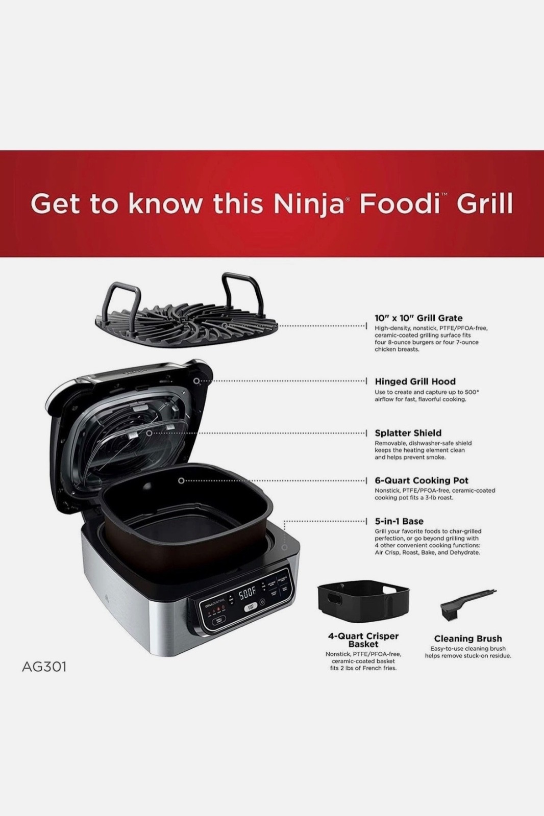 AG301 Foodi 5-in-1 Indoor Electric Grill w/Air Fry, Roast, Bake, & Dehydrate NEW