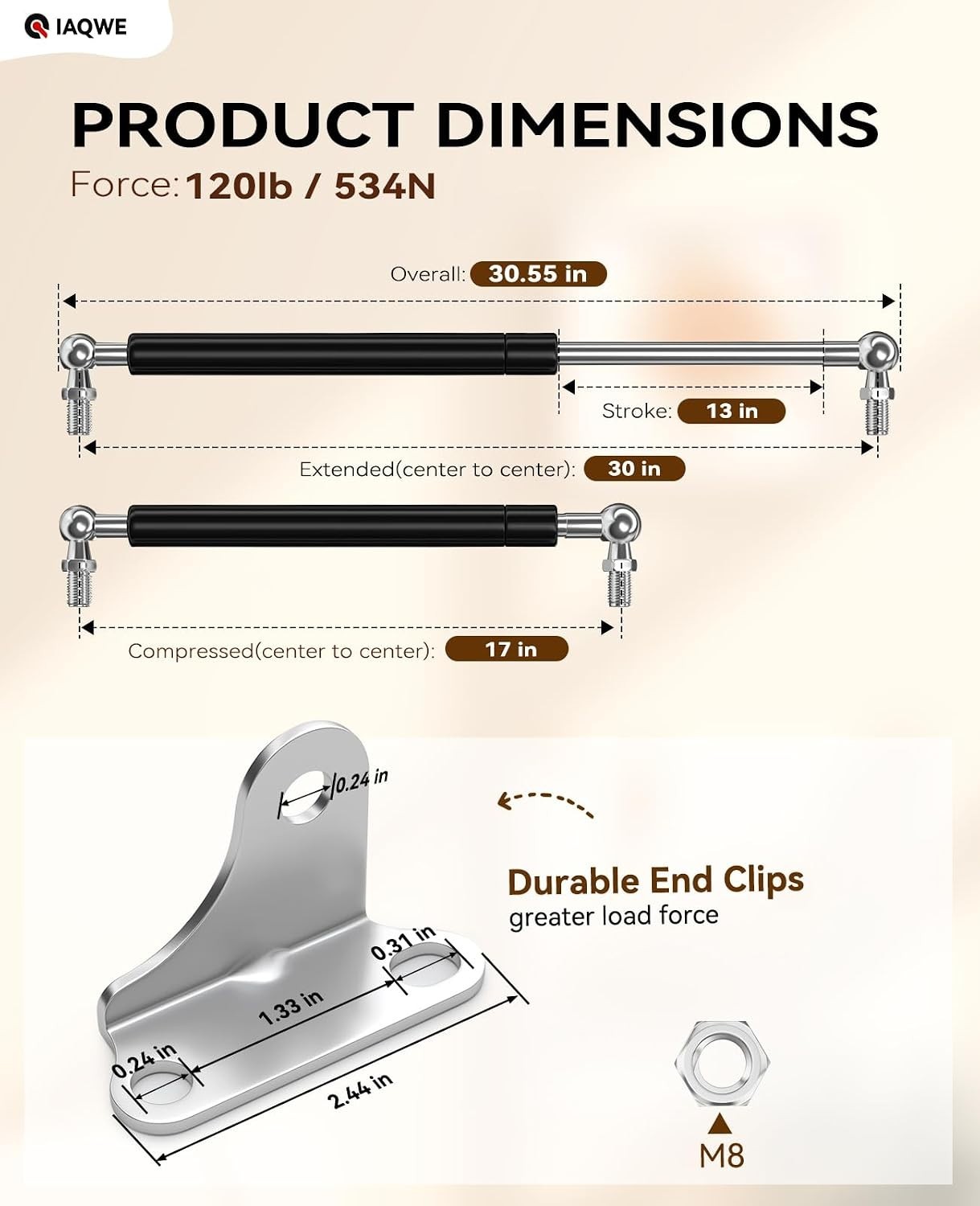 30″ Gas Struts 120Lbs for RV Bed, Trailer Door, Tool Box – 2 Pcs Kit