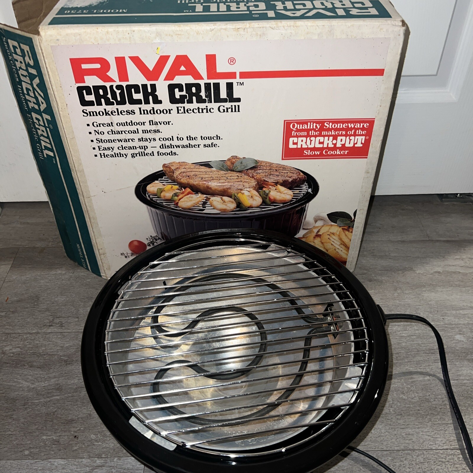 Vintage Rival Crock Grill Smokeless Round Indoor Electric | Black | Model 5750
