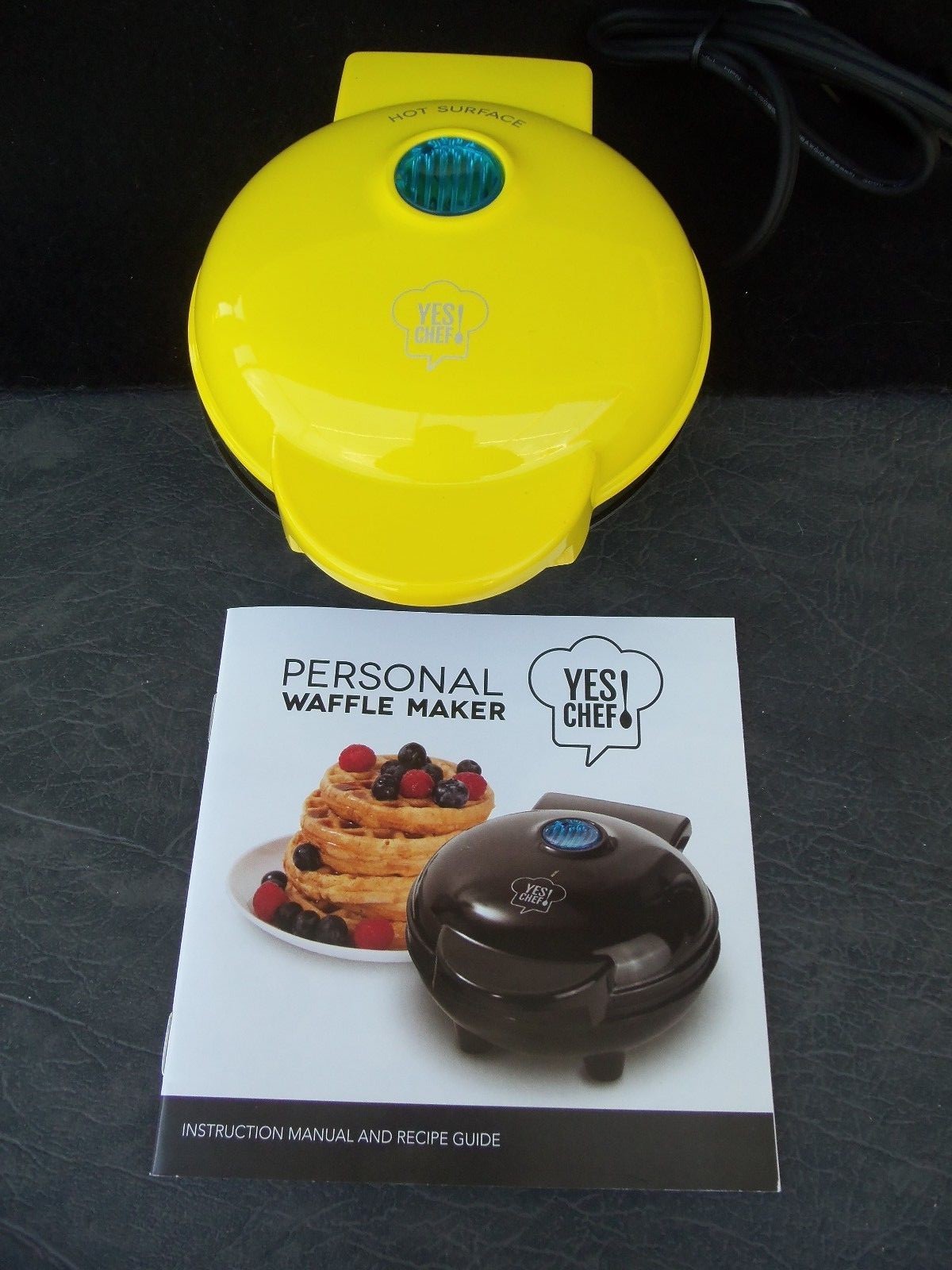 Personal Waffle Maker! NEW! SMALL! YELLOW! IOB! INSTRUCTIONS & RECIPES!