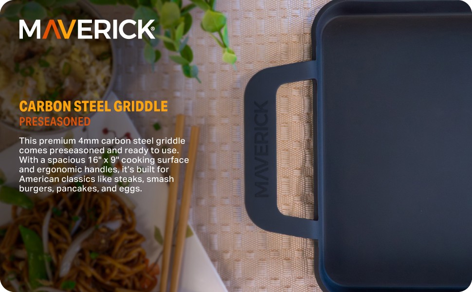 Maverick 22-Inch Preseasoned Carbon Steel Griddle, 4mm Heavy-Duty Flat Grill