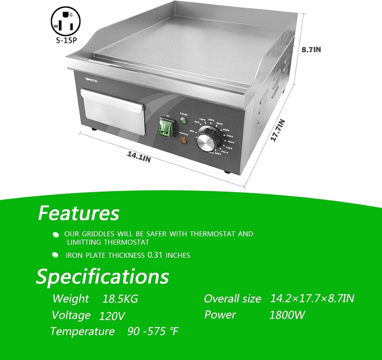 Compact 14 Inch Electric Griddle with Large Grease Tray – Easy to Maintain