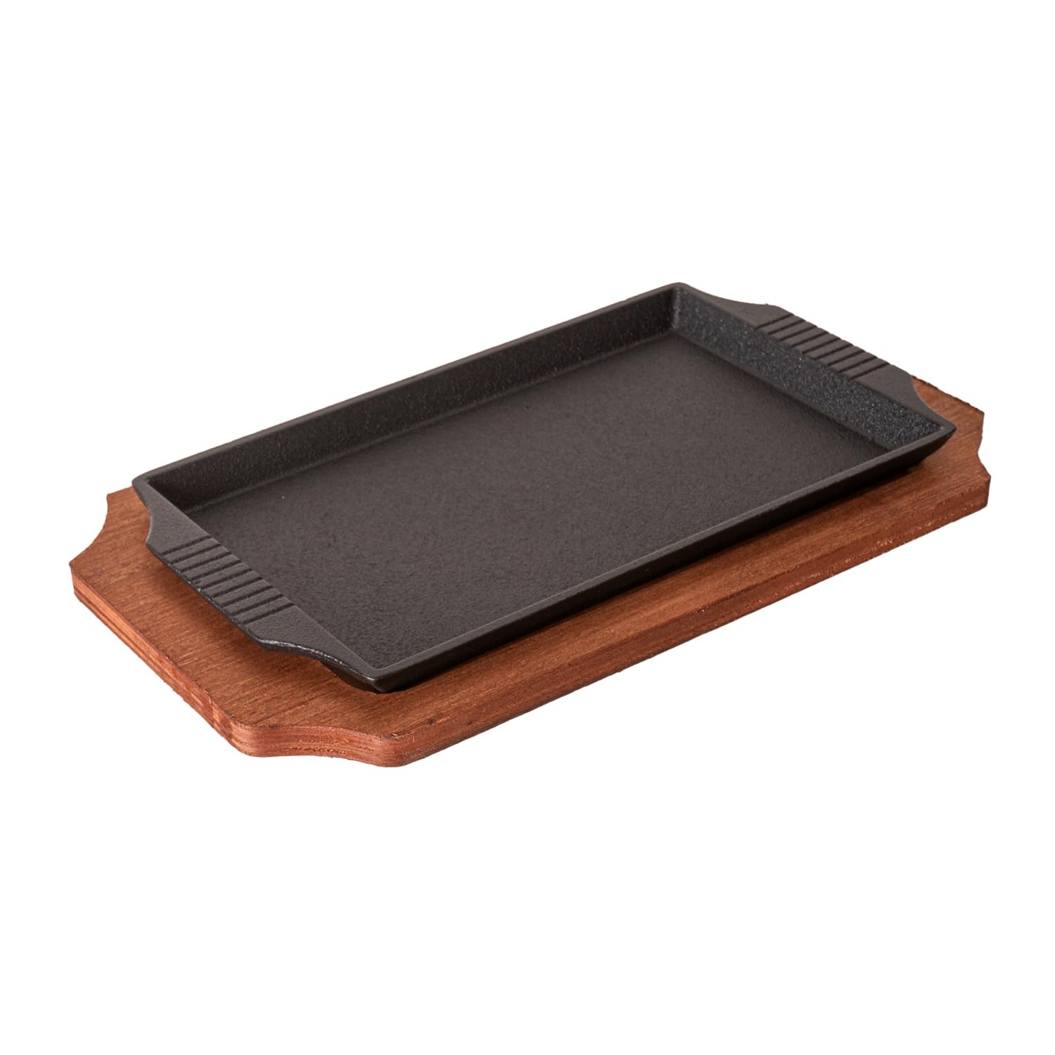 Cast Iron Steak Plate Sizzle Griddle Wooden Base Rectangular Pan 10 Inch