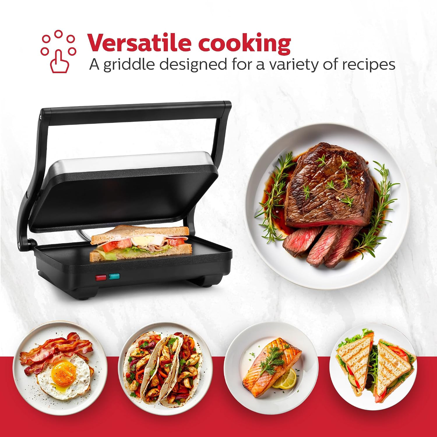Electric Griddle for Toasting Sandwiches, Various Snacks – Black/Stainless Steel